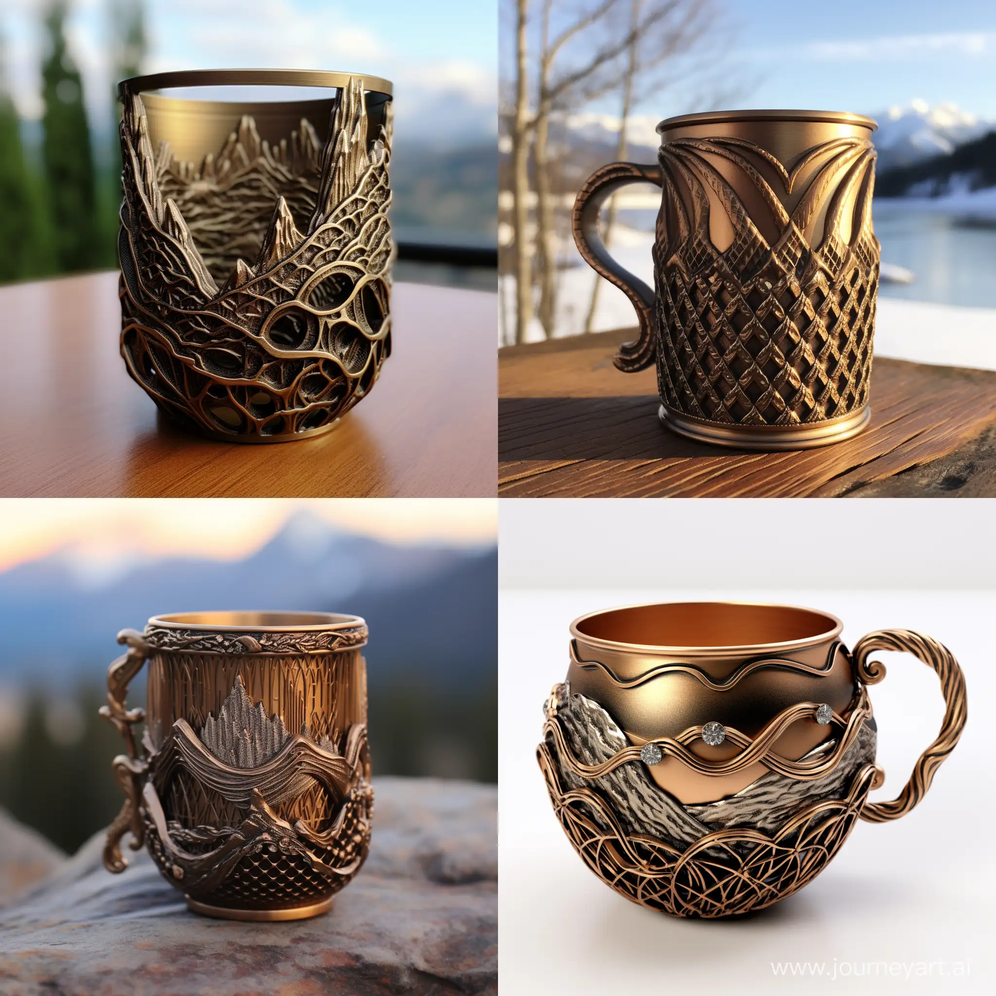 bronze cup holder with meshy ornaments of mountains 3d printed
