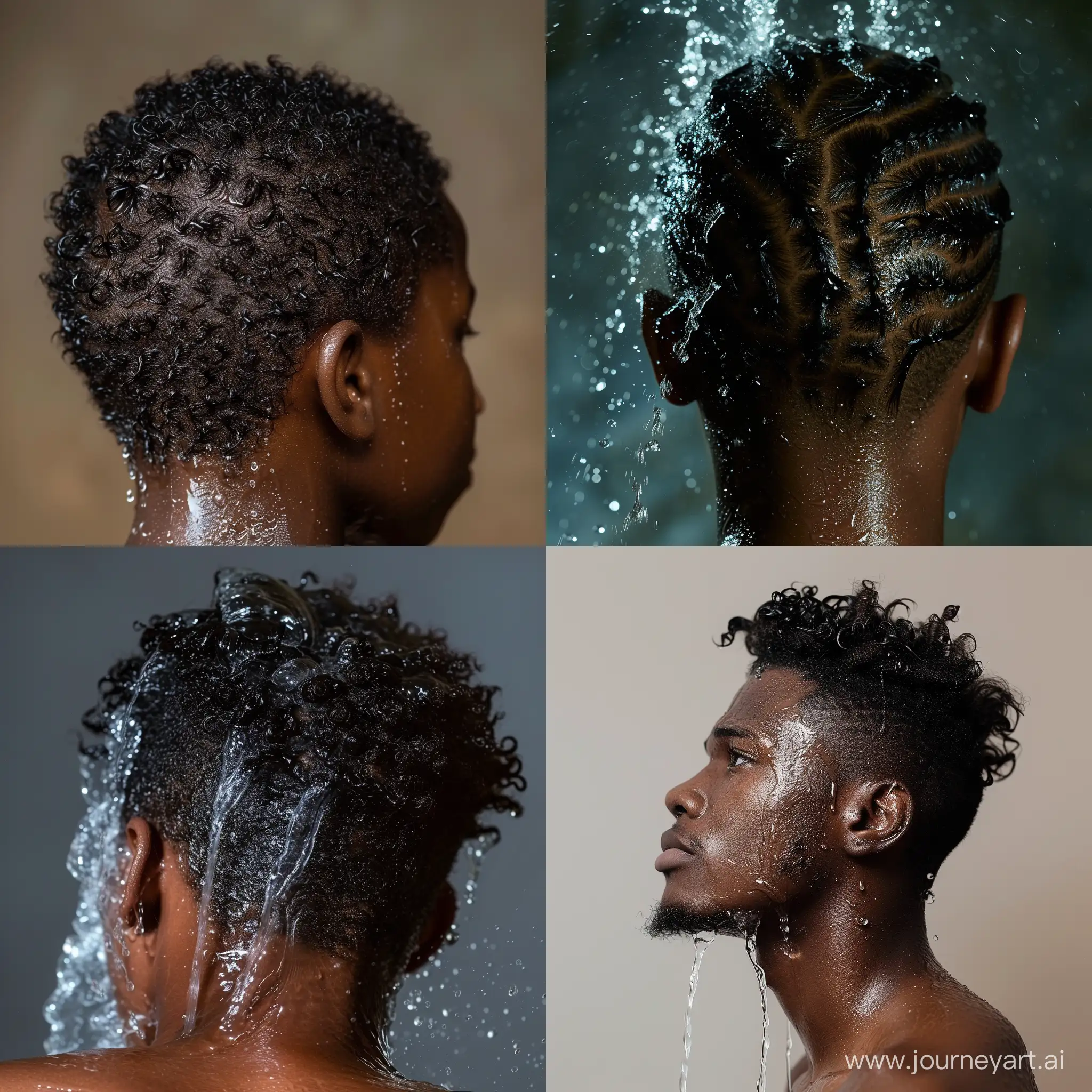 African man boy’s hair with water