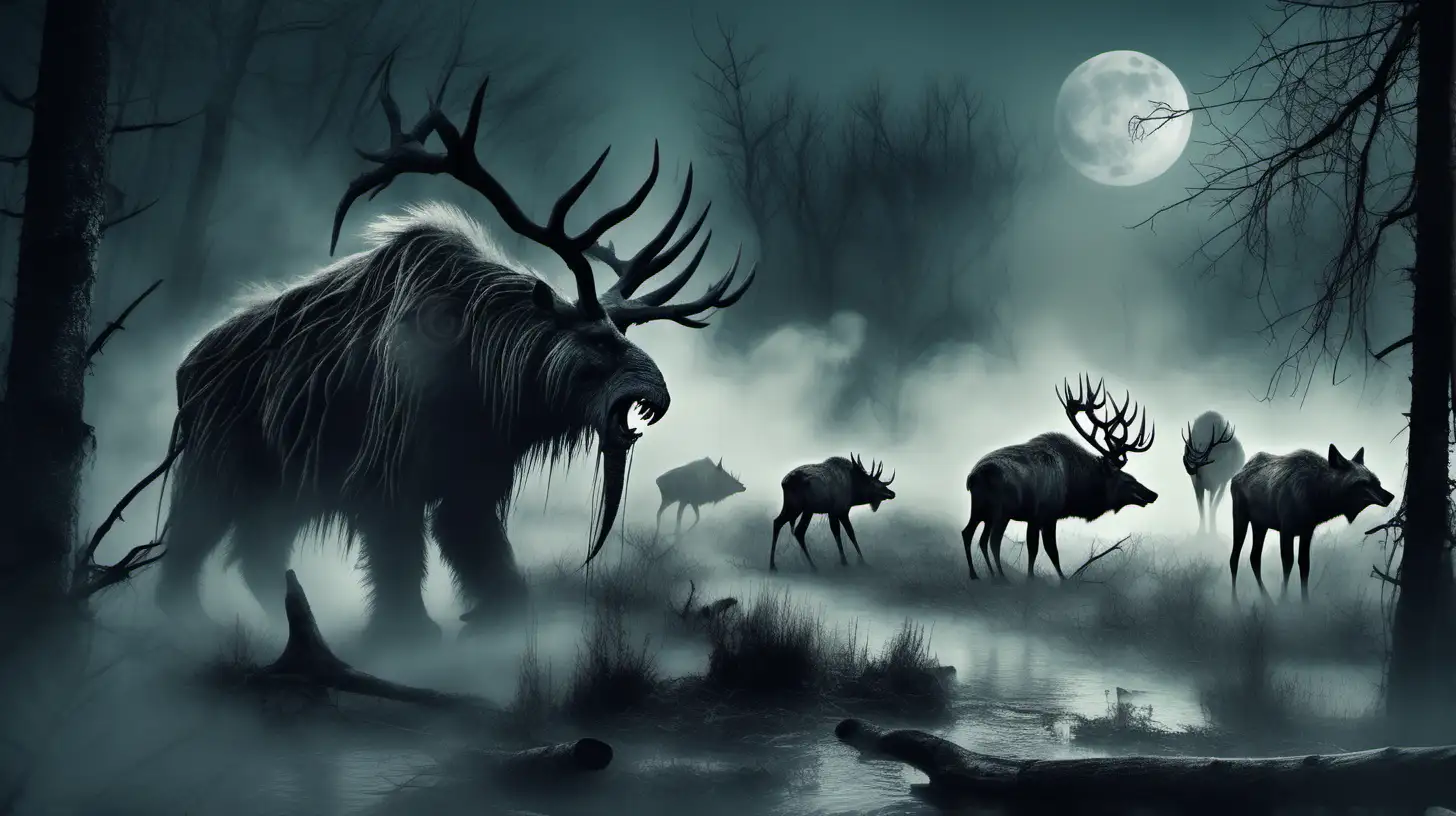 stare włochate mamuty wilki i łosie i wilki w bardzo starym lesie na bagnach, księżyc, noc, dym i mgła, atmosfera horroru