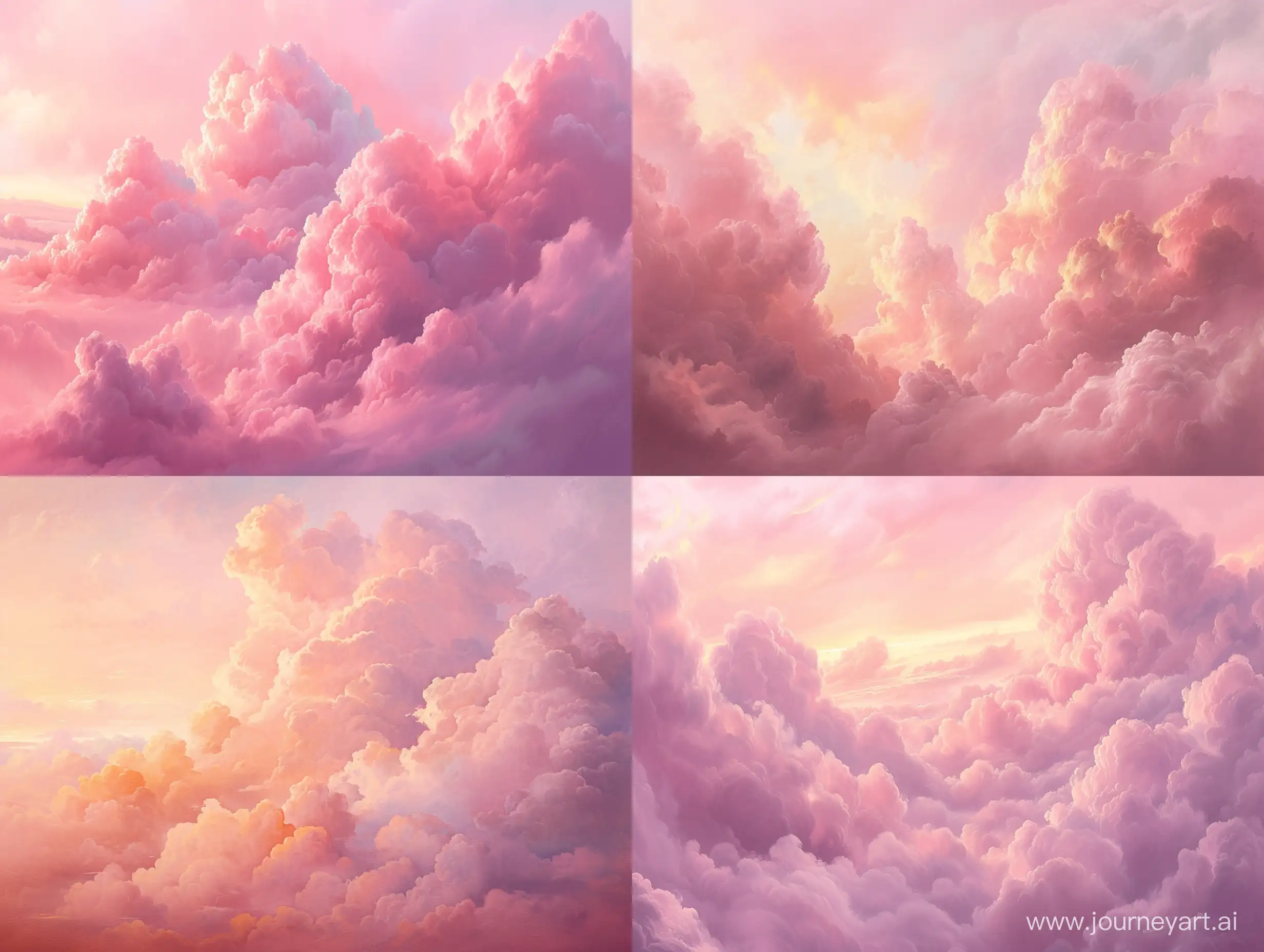 油画，柔和的粉红色，蓬松的云朵，棉花糖质地，柔和的色调，梦幻的氛围，空灵的美，日落，晚霞，光滑，层次感丰富，水彩画风格，体积光，8K，高清，超现实主义