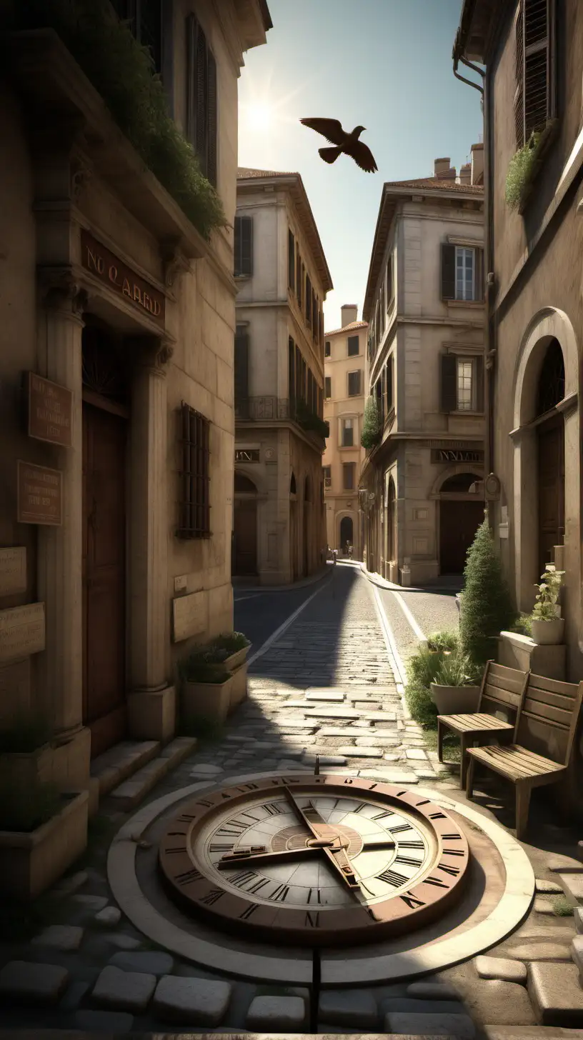 
"Create an image of tranquil, uninhabited Roman streets during the day, with a sundial prominently showing the time, and a clear 'No Carriages' sign bard visible. This scene should depict the historical traffic regulation."
