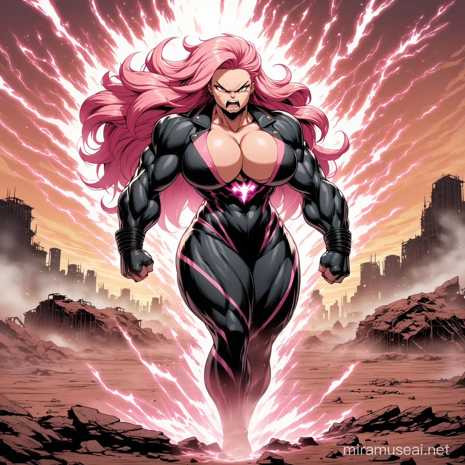 a sturdy, muscular, big, strong, peach-skinned, angry, infamous woman, black suit with pink edges, large breasts, robust butt, desolate wasteland, long fluffy pink hair, covered in an aura of power.
