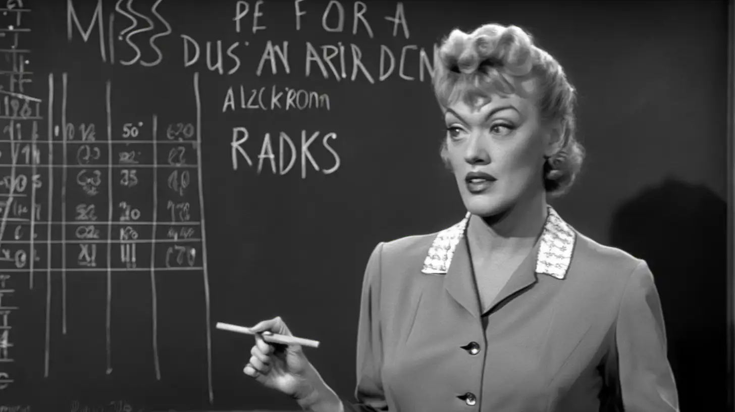 Eve Arden from Our Miss Brooks radio show, 1950, standing in front of a blackboard holding a ruler.