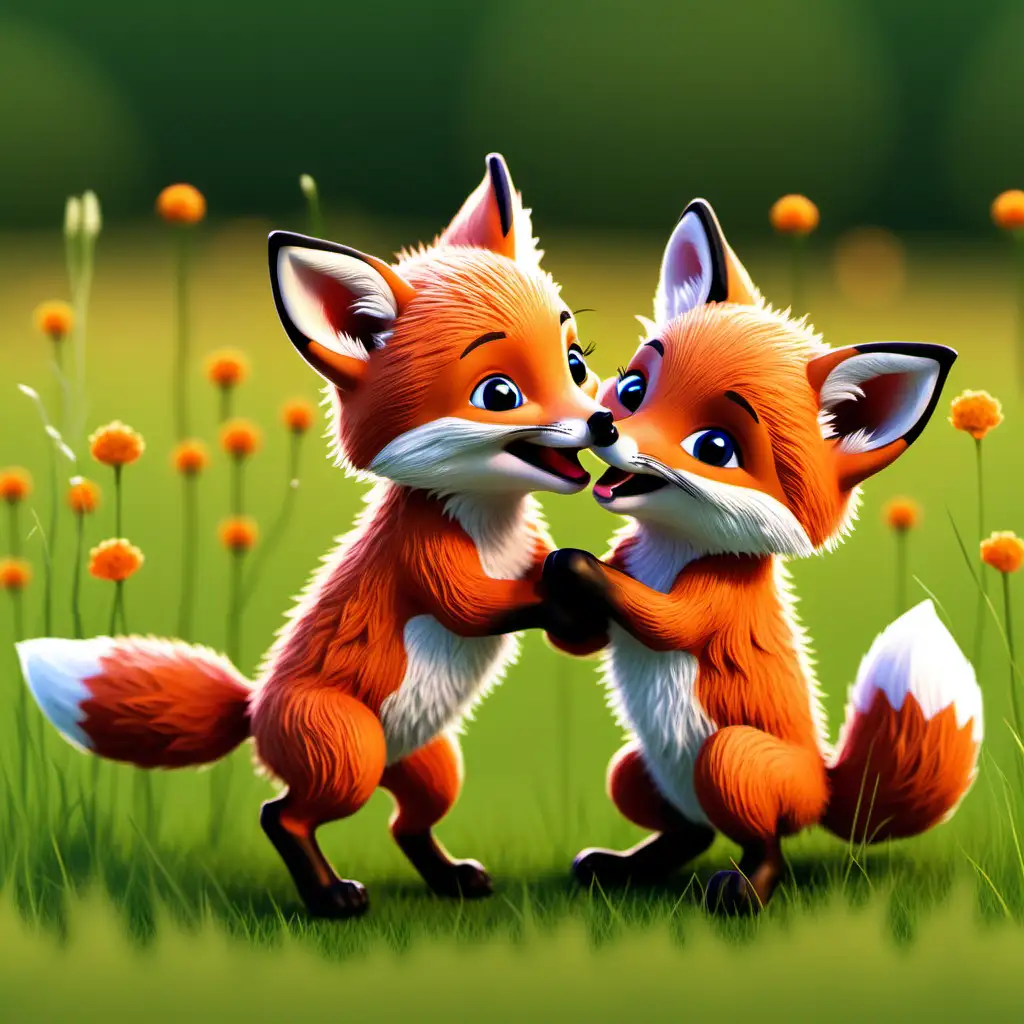 two baby foxes playing in a meadow cartoon