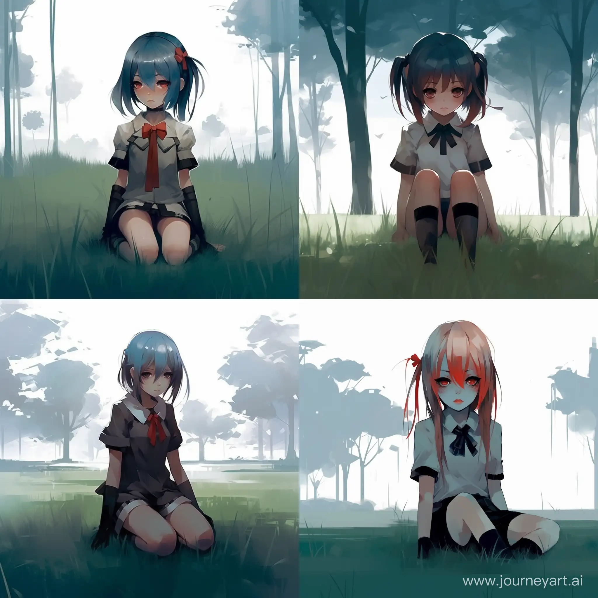 anime girl sitting on grass by Rafael Albuquerque