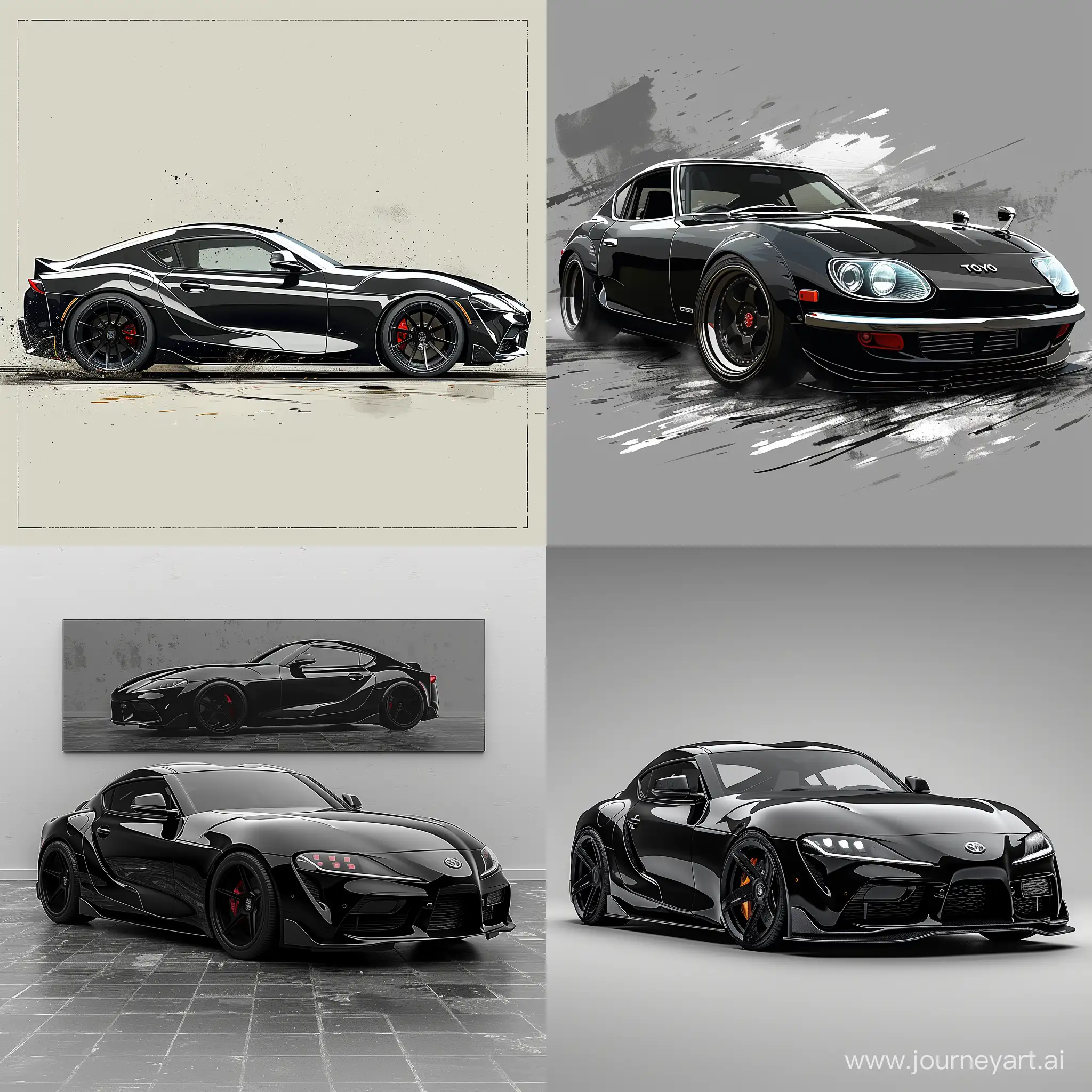 Minimalism 2D Illustration Car of Front View, Toyota Supra: Black Body Color, Simple Gray Background, Adobe Illustrator Software, High Precision --v 6.0 --s 1000 --v 6 --ar 1:1 --no 54349