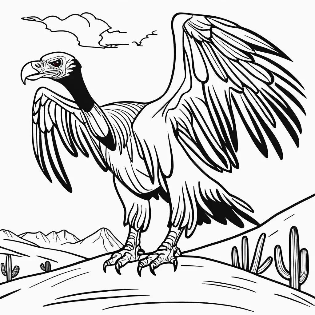 simple coloring book drawing of vulture in desert