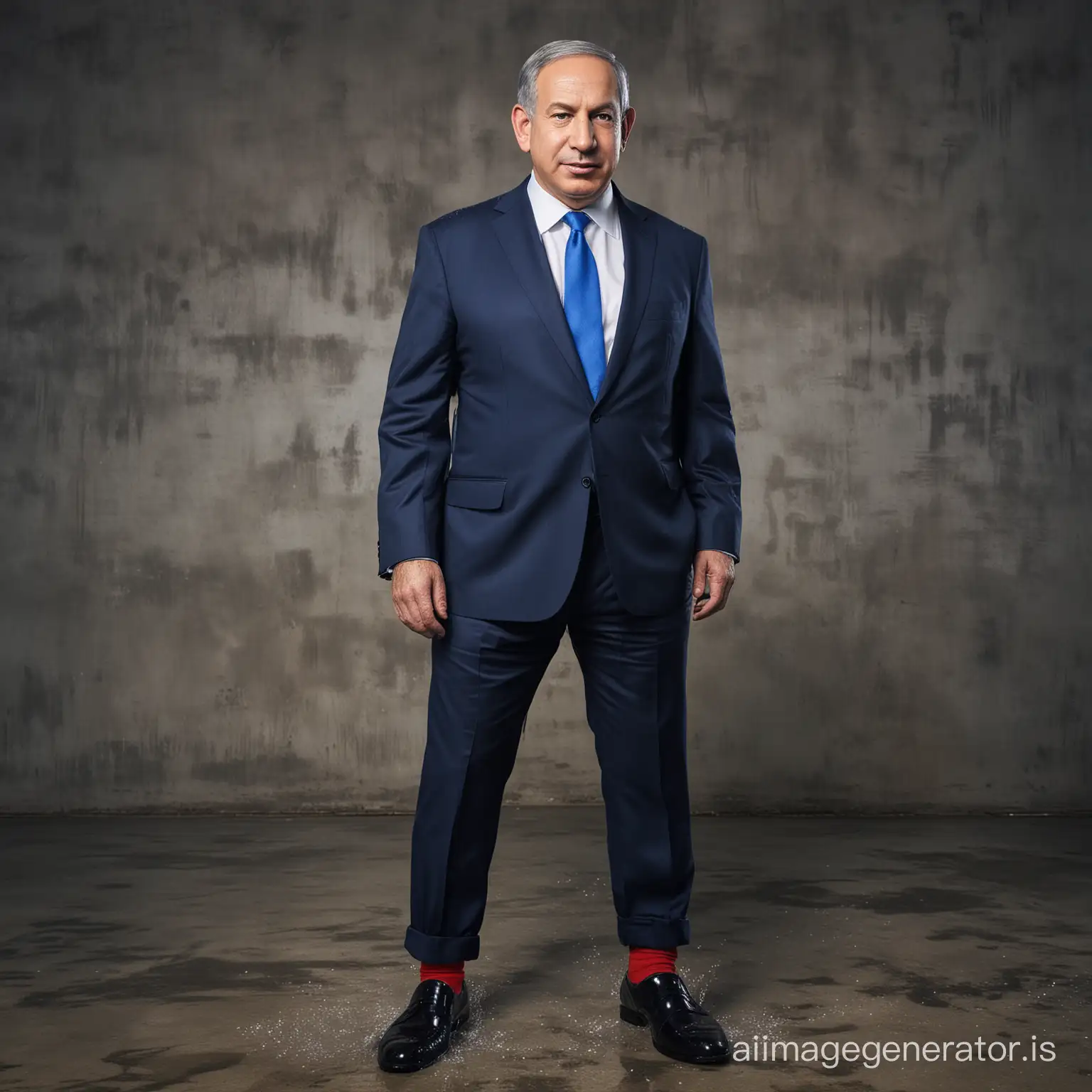 Benjamin Netanyahu, shot height, wearing blue suit, white shirt, scarlet socks, black loafers, grey hair, wet pants, some wet water spots on the pants, full body shot, full body shot, office background, dramatic lighting
