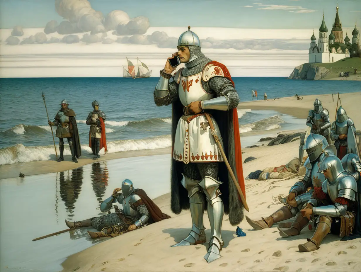 style by Vasnetsov.a Russian knight stands on the seashore talking on a mobile phone, behind him in the background there are 30 knights in the water