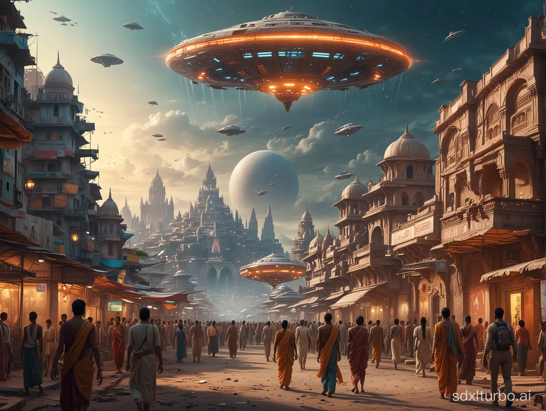 Shot of a futuristic sci-fi utopian city with ancient Indian architecture in the evening,A huge UFO fly in the sky,in the background lies a huge castle hovering few feet above the ground,middleground filled with civilians wearing ancient Indian dhoti Kurta and saree walking with Robots,AI,holographic billboards,sci-fi vehicles around them,houses and shops on the populated streets.Cinematic,4K,Directed by Steven Spielberg,Inspired from Star Wars,Big Budget Indian sci-fi,Shot on Arri Alexa Cam.