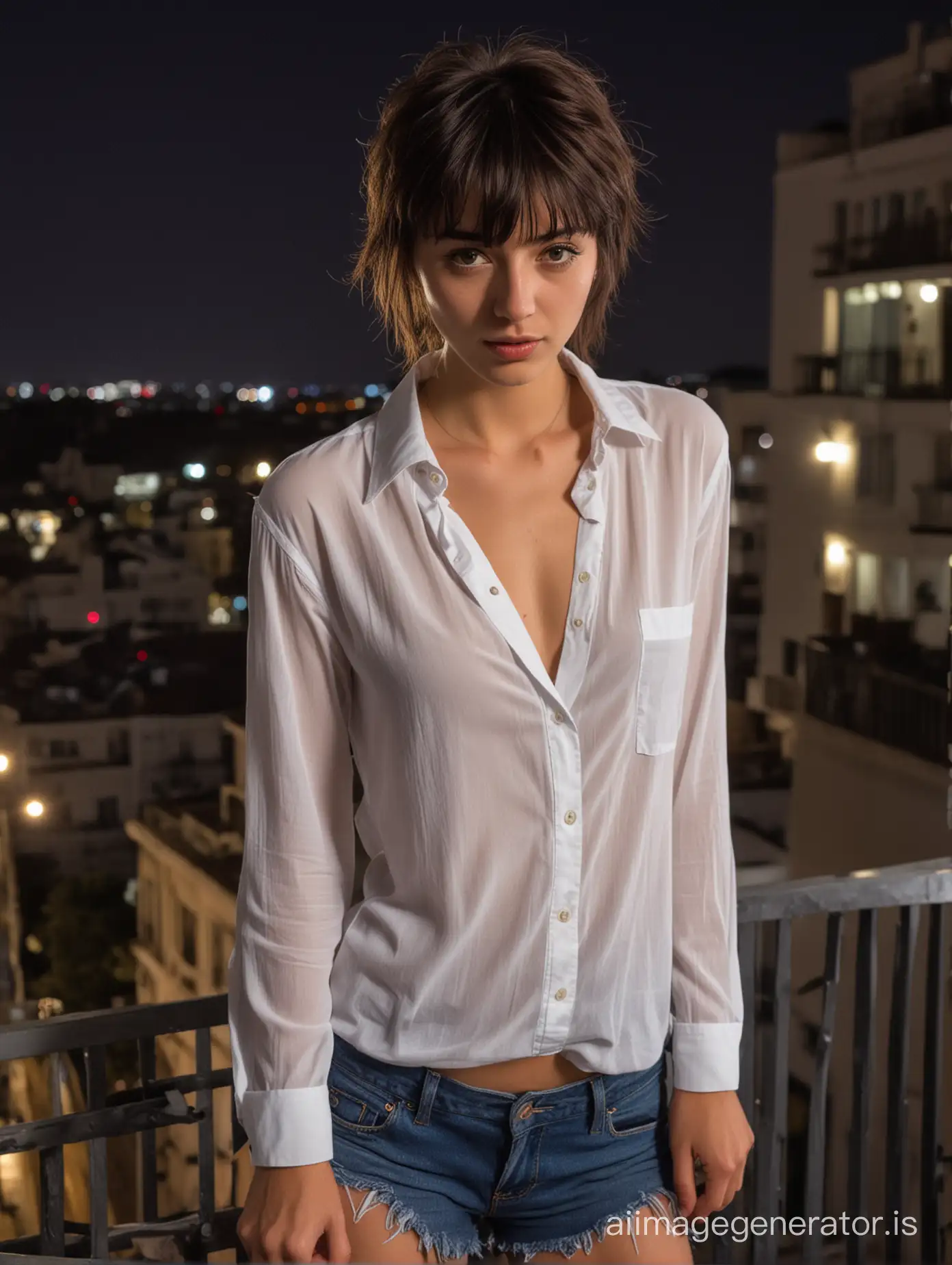 21 year old very slim girl  with short dark messy hair and bangs wearing a fully unbuttoned man's white shirt seductively posed on a balcony at night