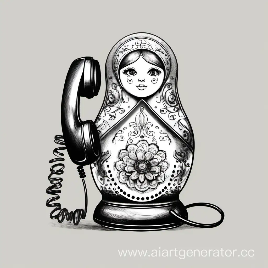 Matryoshka-Doll-and-Telephone-Receiver-in-Pencil-Drawing