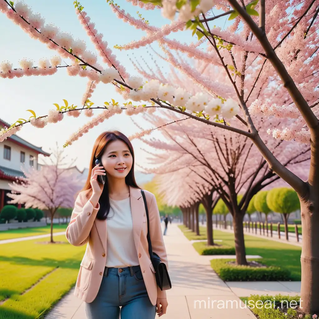 a chinensess  women talking on a   phone with her best friend from America she is out side by the may  flower tree
