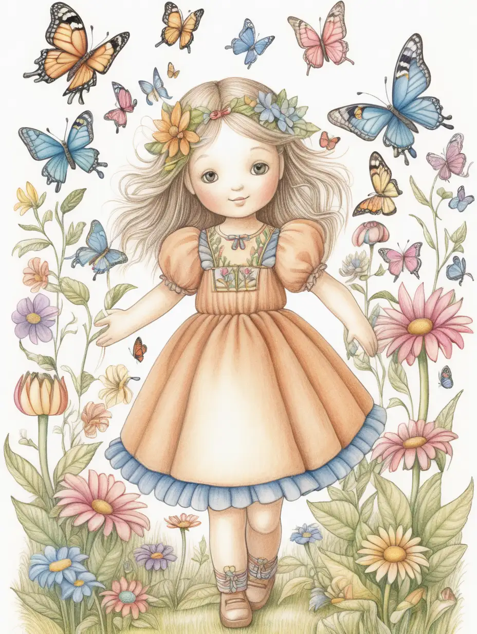 Waldorf doll stumbles upon a whimsical garden full of singing flowers and dancing butterflies, interacting with the enchanted garden's elements, helping the flowers grow or playing with the butterflies, pencil colored drawing page for kids