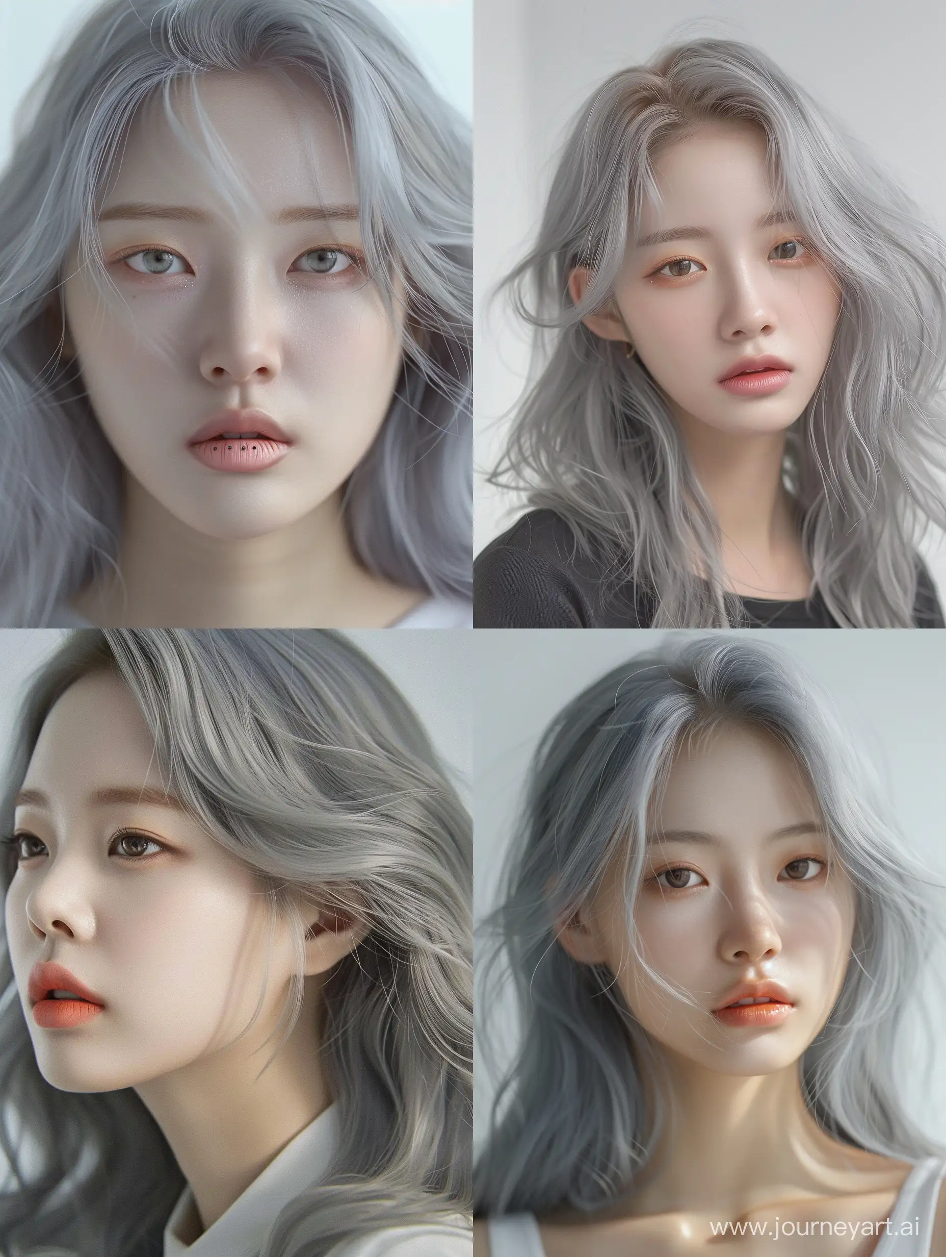 grey hair of Korean beautiful girl with aestethic fat lip, plain background, photo realism, --ar 3:4