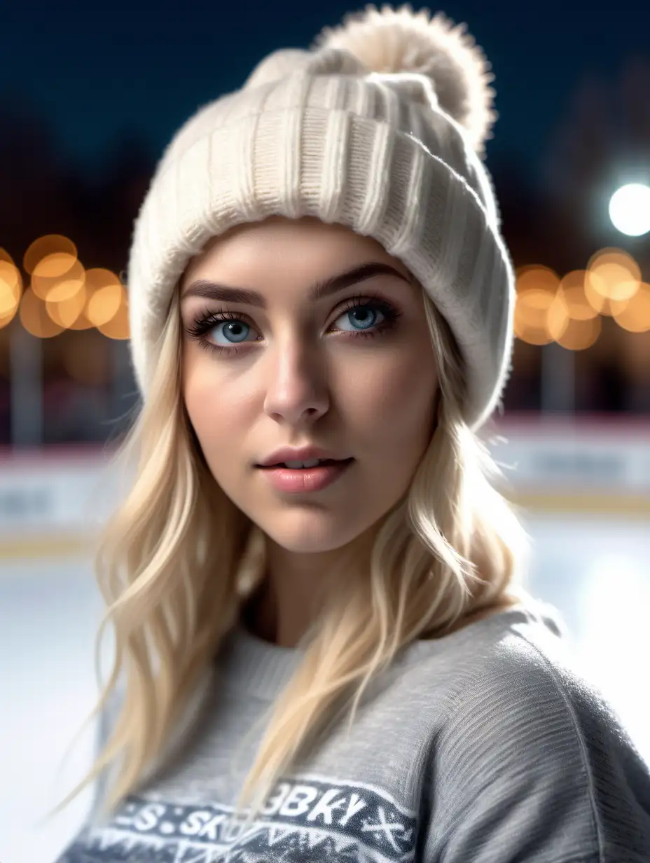Beautiful Nordic woman, very attractive face, detailed eyes, big breasts, slim body, dark eye shadow, messy blonde hair, wearing a sexy winter long sleeve crop top and a warm winter beanie, close up, bokeh background, soft light on face, rim lighting, facing away from camera, looking back over her shoulder, standing in front of an ice skating rink, photorealistic, very high detail, extra wide photo, full body photo, aerial photo