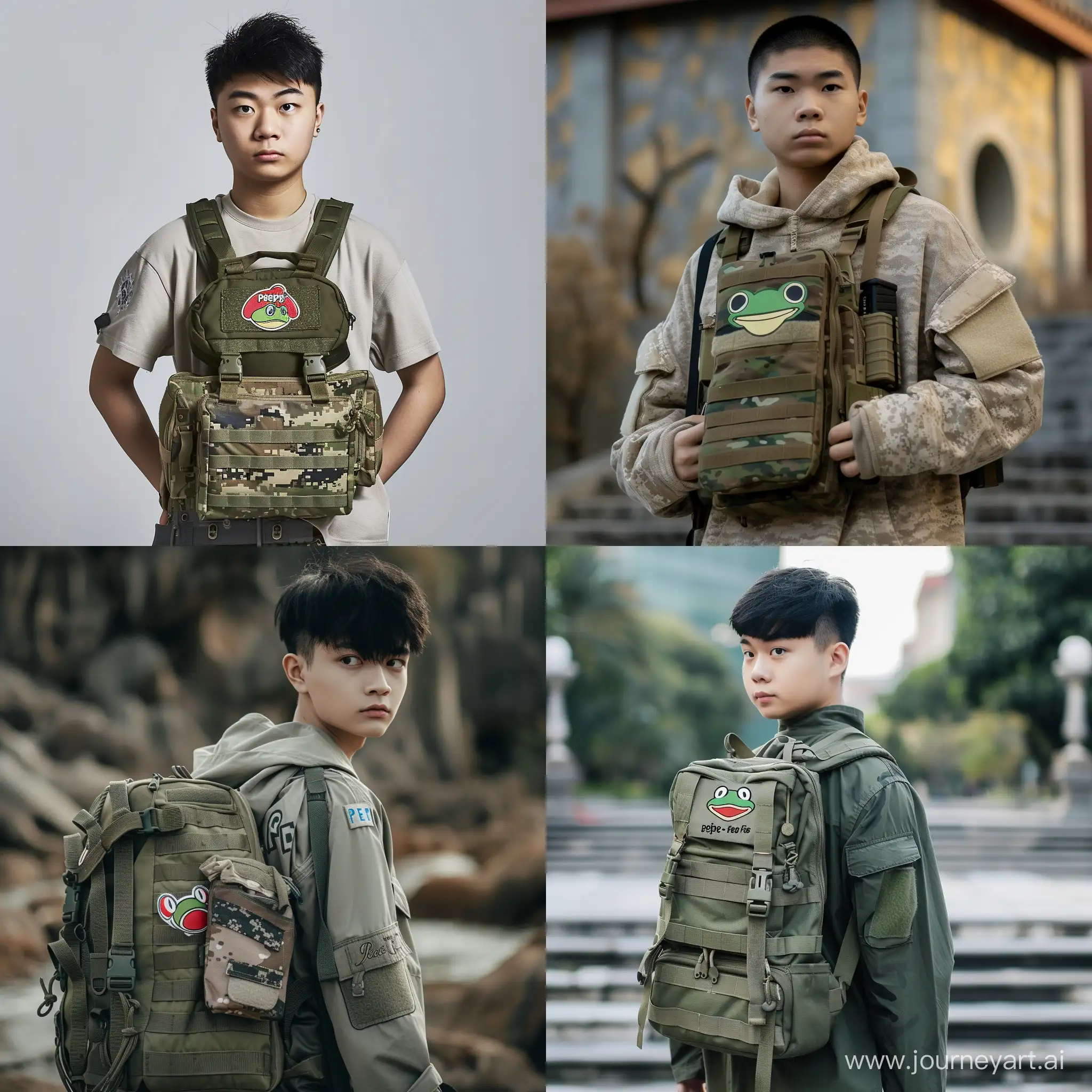  Young asian male, wearing casual clothes, with a military pack, with Pepe the frog logo