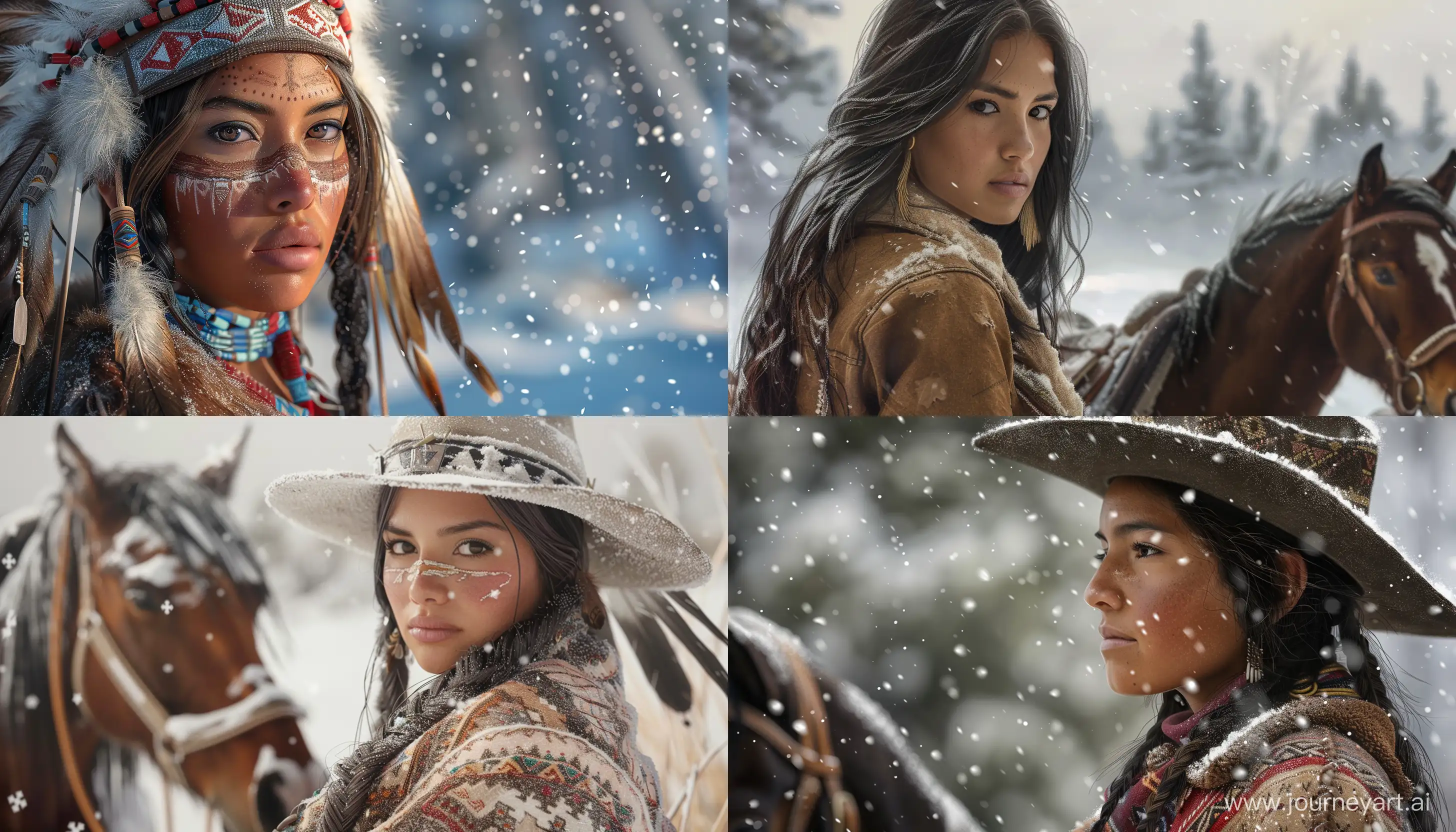 realistic native american woman in cow boy era landscape snow in western countries horse focushighly detailedd --style raw --ar 7:4