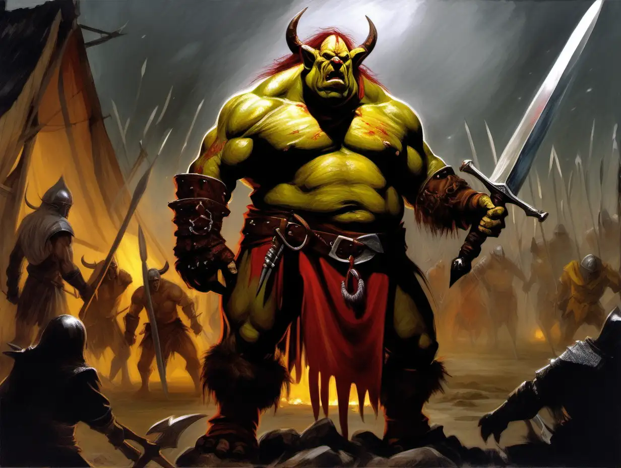 big ogre, rogue barbarian attire, bare chest, warrior skirt, horned helmet, red yellow silver brown, holding a sword, angry, bandit camp, night, Medieval fantasy painting, MtG art
