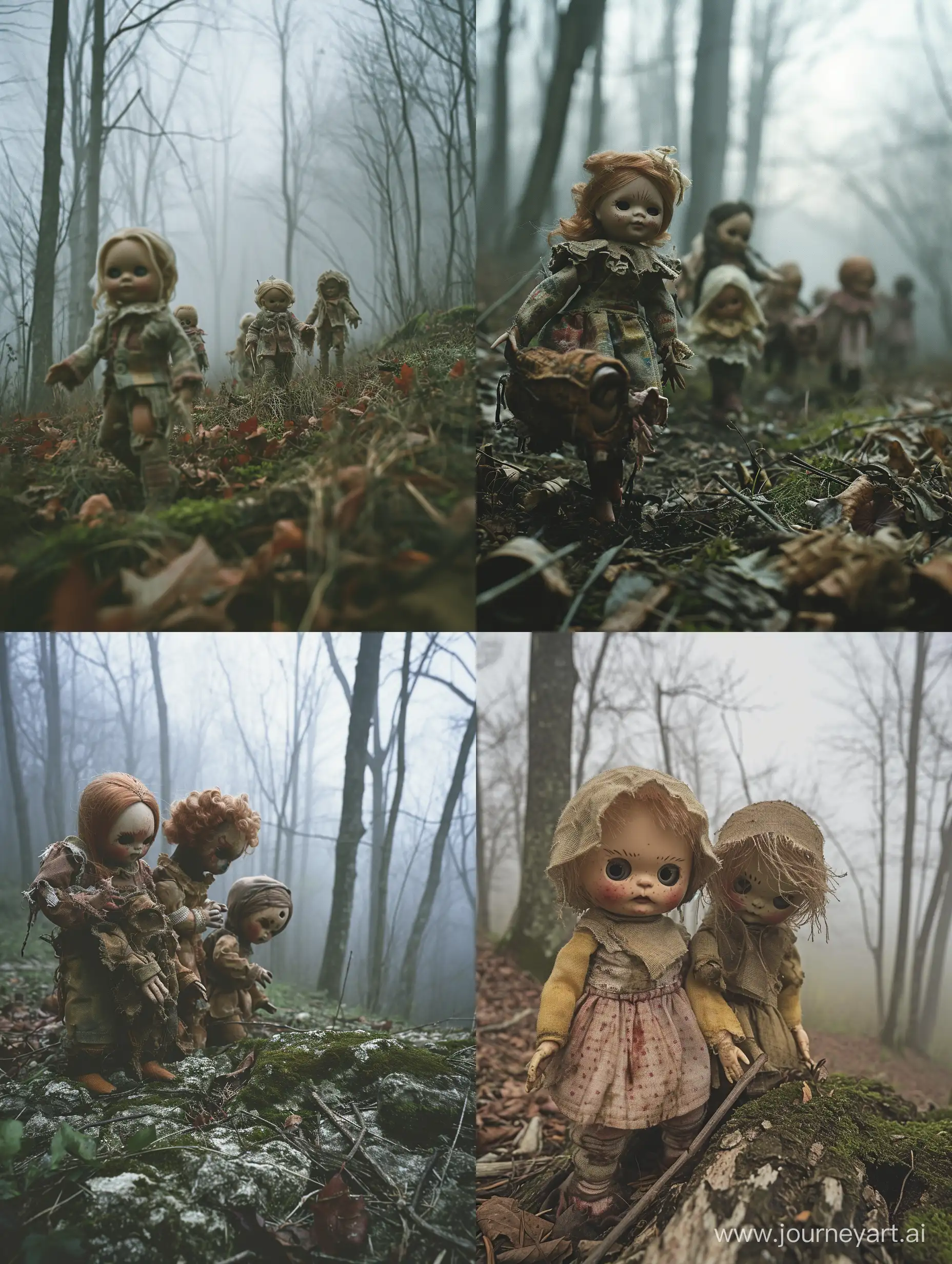 Very unsettling photo of the land of the lost dolls, very creepy realistic dolls, ragged dolls, foggy woods, folk horror, dark aesthetic, dark folk, pagan horror, photo taken with proviax saturated