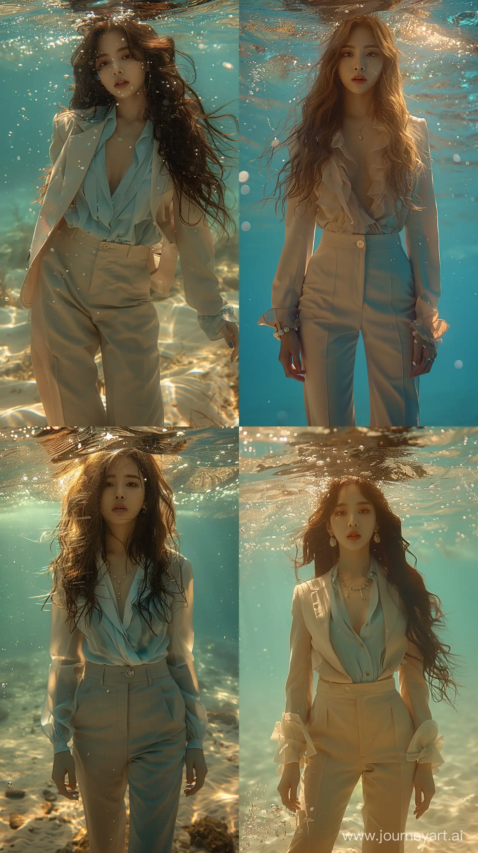 a blackpink's jennie ,wearing suit pants and simple blouse,under the ocean water,mysterious nocturnal scene, light beige and blue --ar 9:16 --stylize 550 --v 6