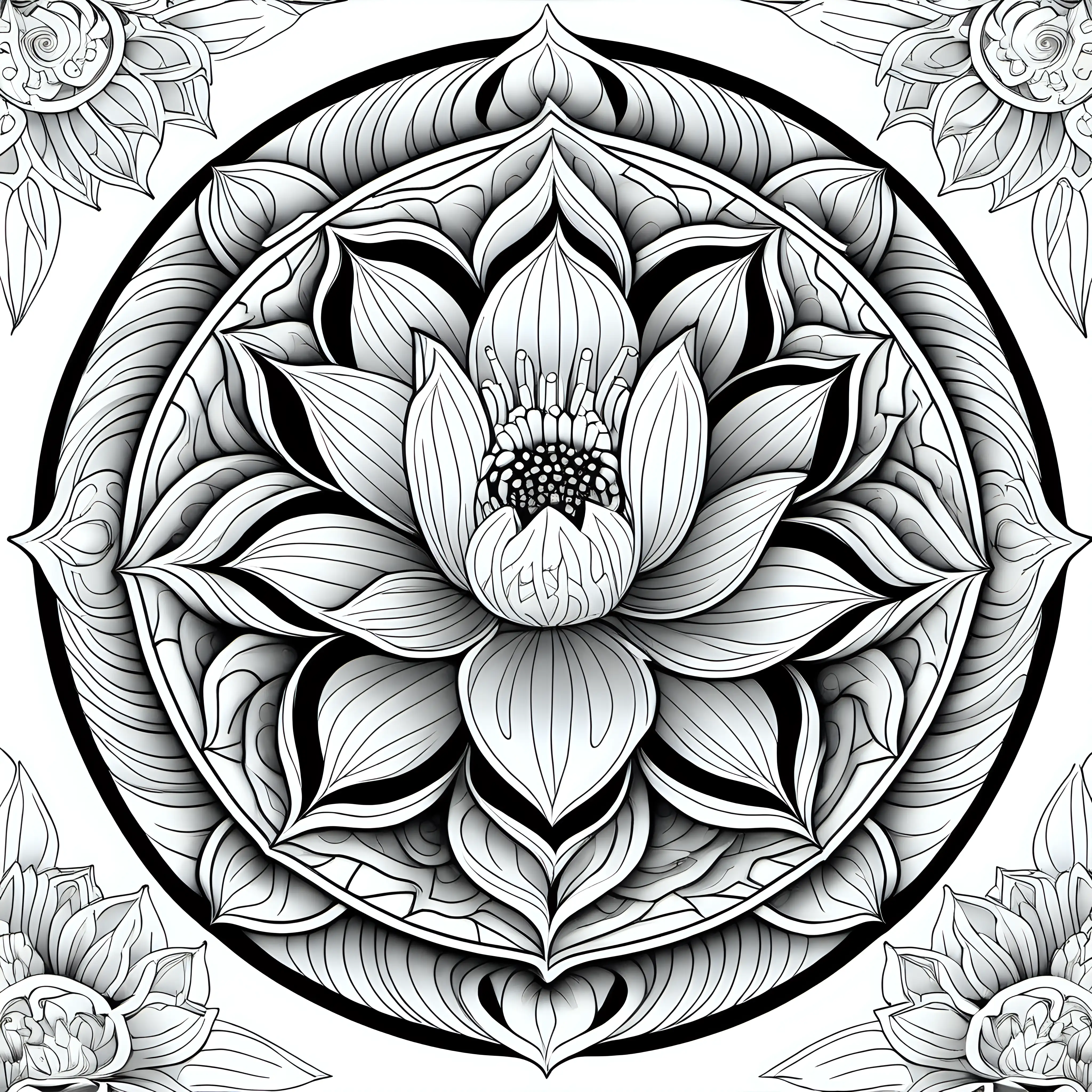 black and white coloring page with white background, whole lotus flower from stem, to leaves, to petals, the mandala artistry is drawn inside theloyus flower's leaves and petals, very intricate mandala designs within the petals and leaves that has enough space for someone to color inside of the design, only black and white image, add celestial moon and stars feeling