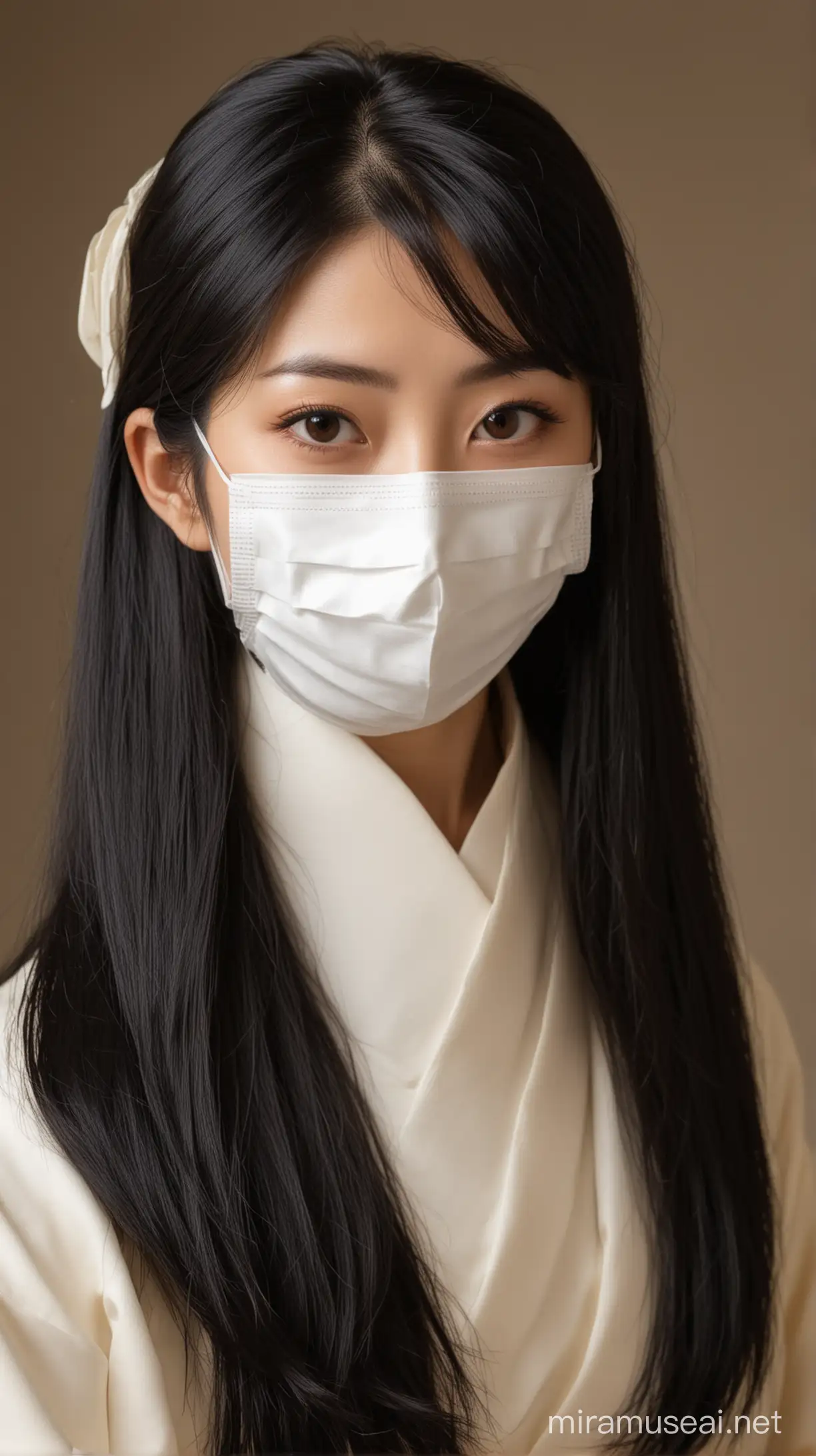 wanita cantik asal jepang, memakai masker medis, rambut hitam panjang, memakai pakaian selir jepang tahun 1970.