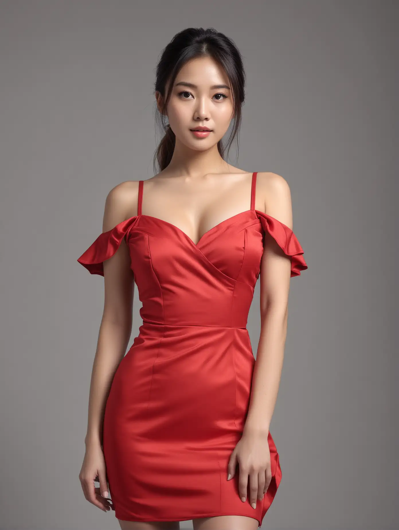 Asian Woman in Stunning Cherry Red Dress on Monochrome Background