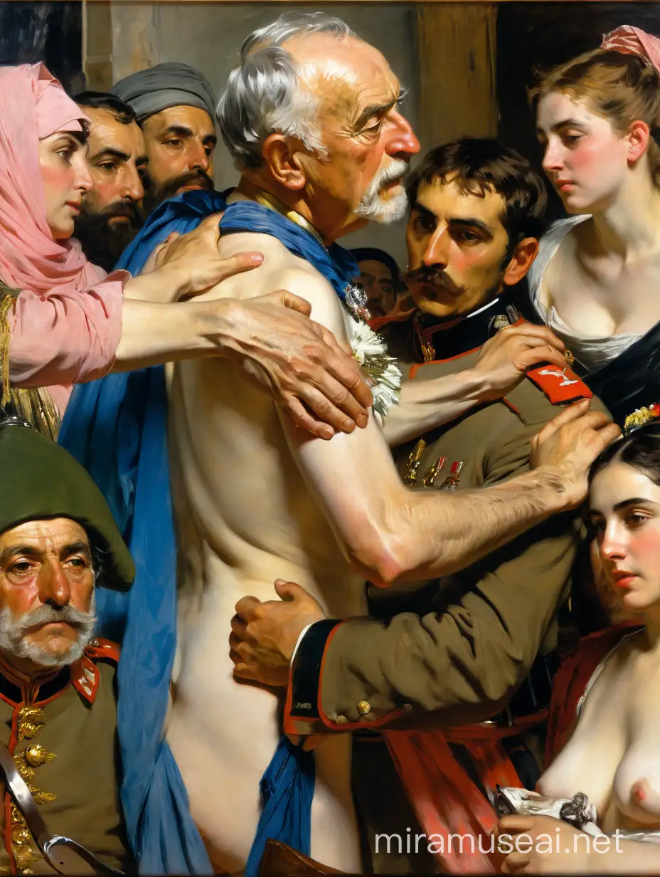 Dramatic Painting Old Man Protects Wounded Female General