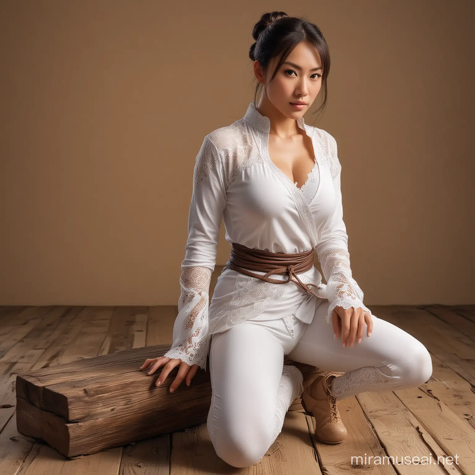 make photorealistic image.  captured in the style of Sony Alpha A7, perfect finger, perfect eye.
chun-li umur 33 tahun berkulit sawo matang, duduk di atas kayu, memakai kaos tipis panjang, longgar dan panjang model V neck hingga menutup dada, memakai legging berwarna putih dengan motif renda, sarung tangan, sepatu dojo.