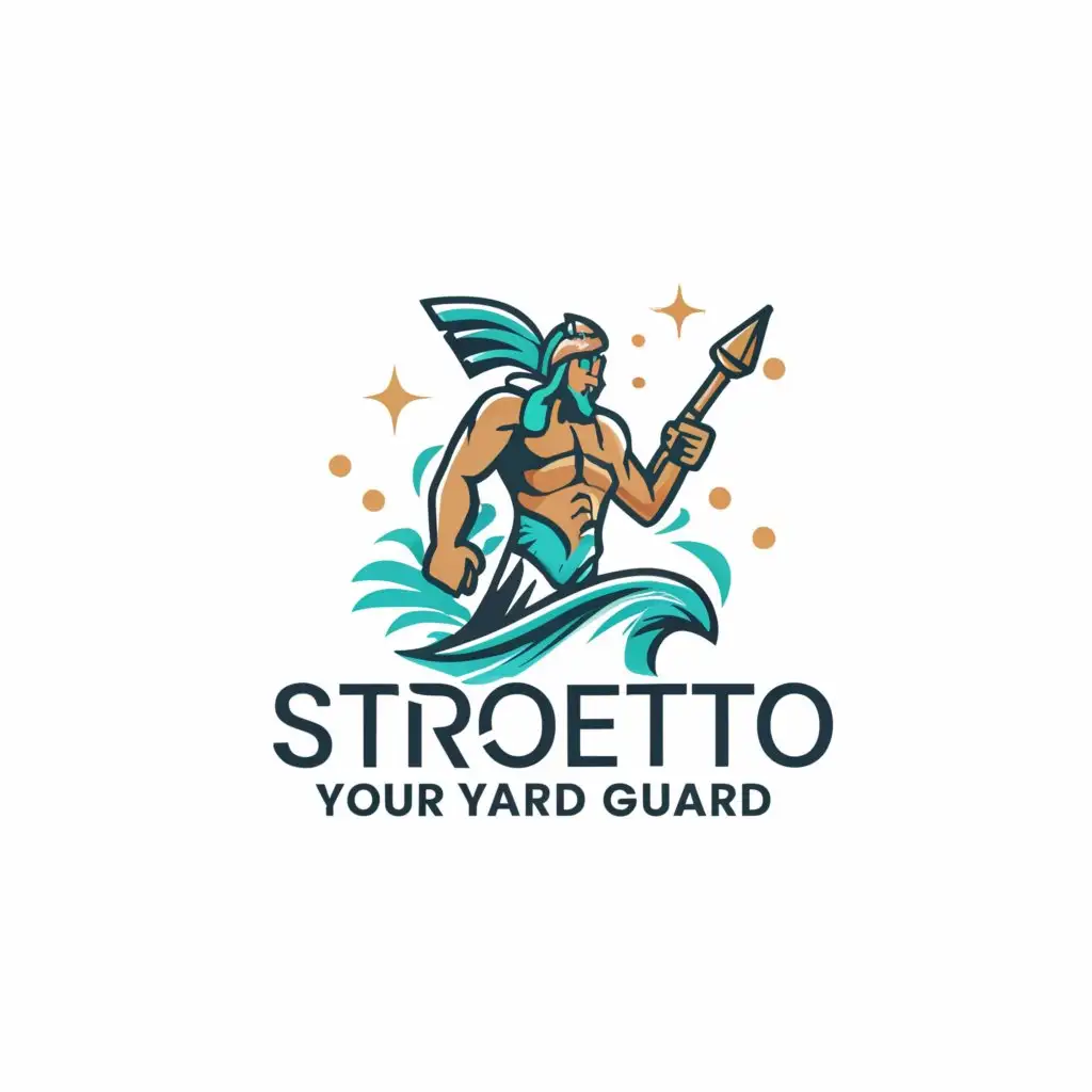 a logo design,with the text "Strobeto
Your Yard Guard", main symbol:4 star crowed greek merman god rides sea wave with a waterGUN,Minimalistic,clear background
