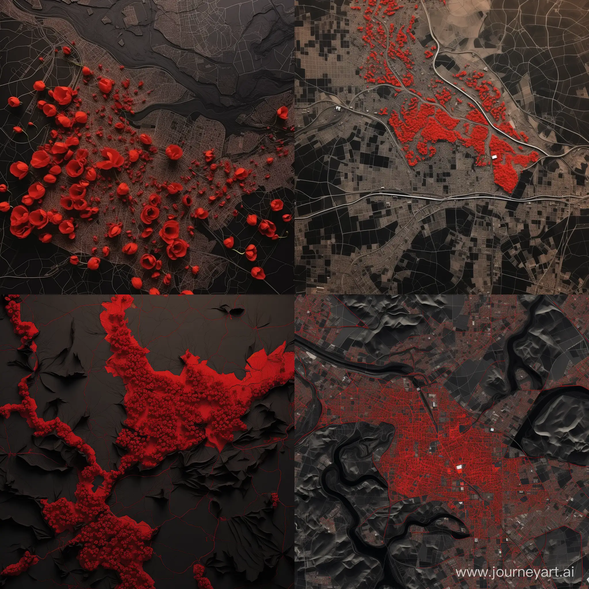 Aerial map of Iran and Kerman province in black color and full of red tulips