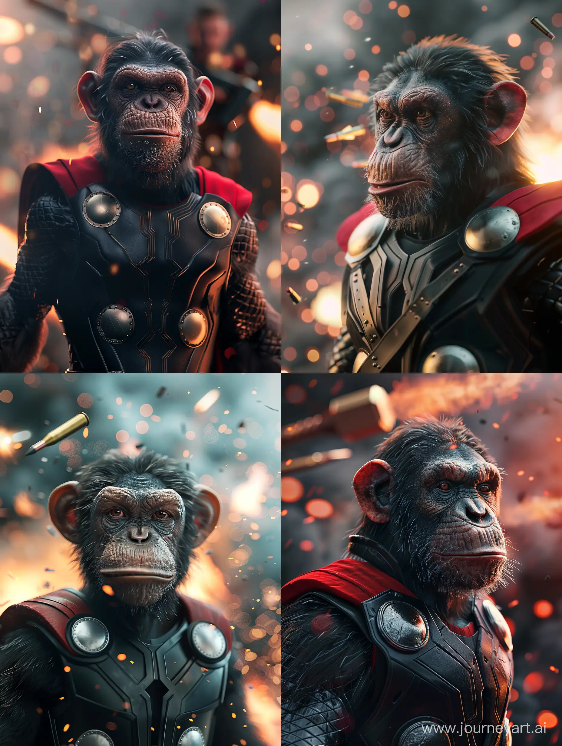 Monster monkey wearing Thor suit, firing in background, cinematic, unreal engine, realistic, realism, 8k, Photography, photorealistic, photorealism, hyperdetailed