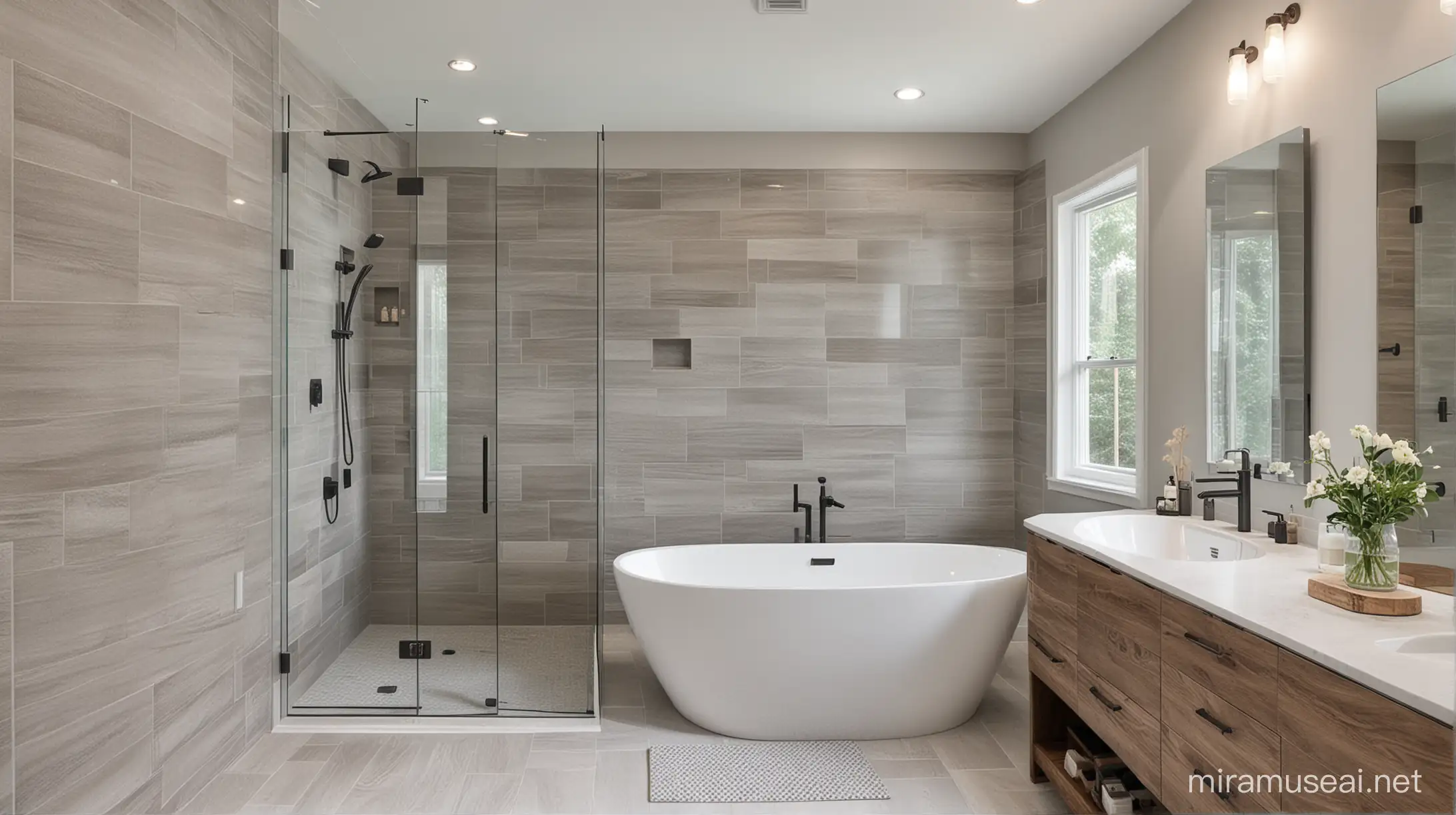 modern master bath with freestanding tub, full tile shower with greige tile and wood cabinets 