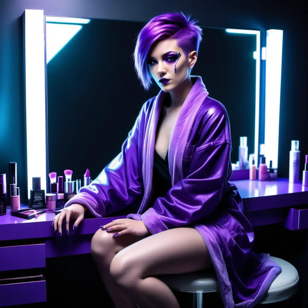 Create a cyberpunk girl with short side-swept purple hair who wears a purple bathrobe. make sure that the girl sits in front of a vanity table and puts makeup on. Make her more short-haired