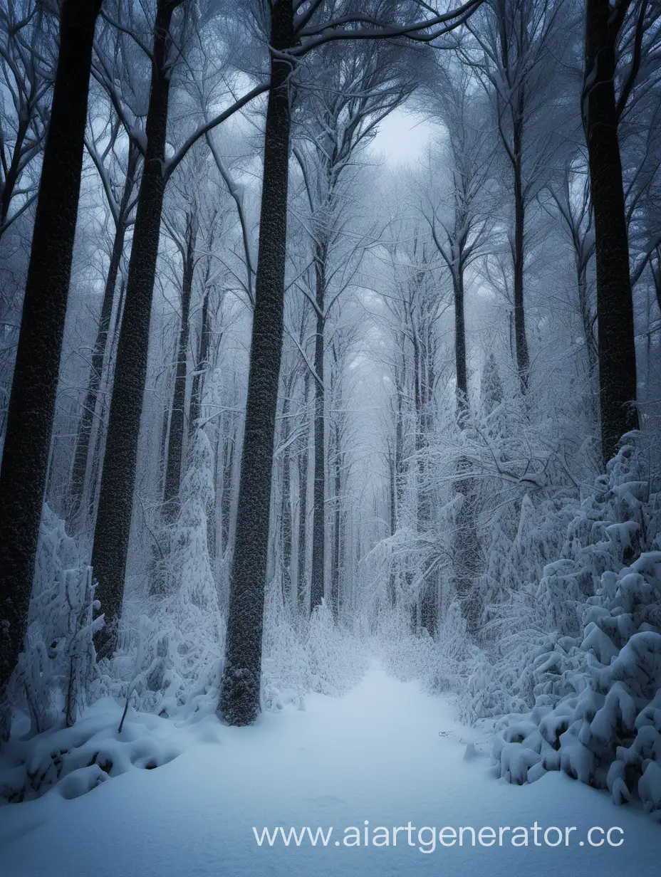Ночной лес полностью в снегу