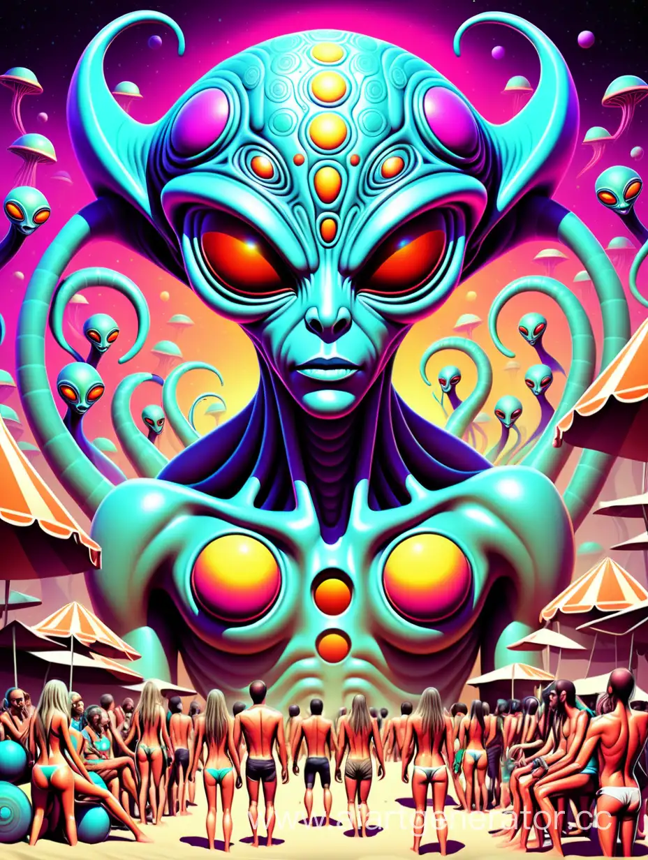 background for flyer, psytrance beach party, human dance together with aliens, psychedelic art