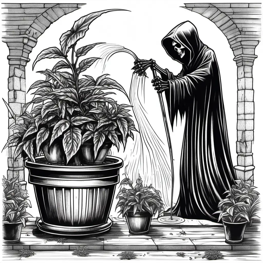 Grim reaper watering a potted plant, black ink drawing, album cover, logo