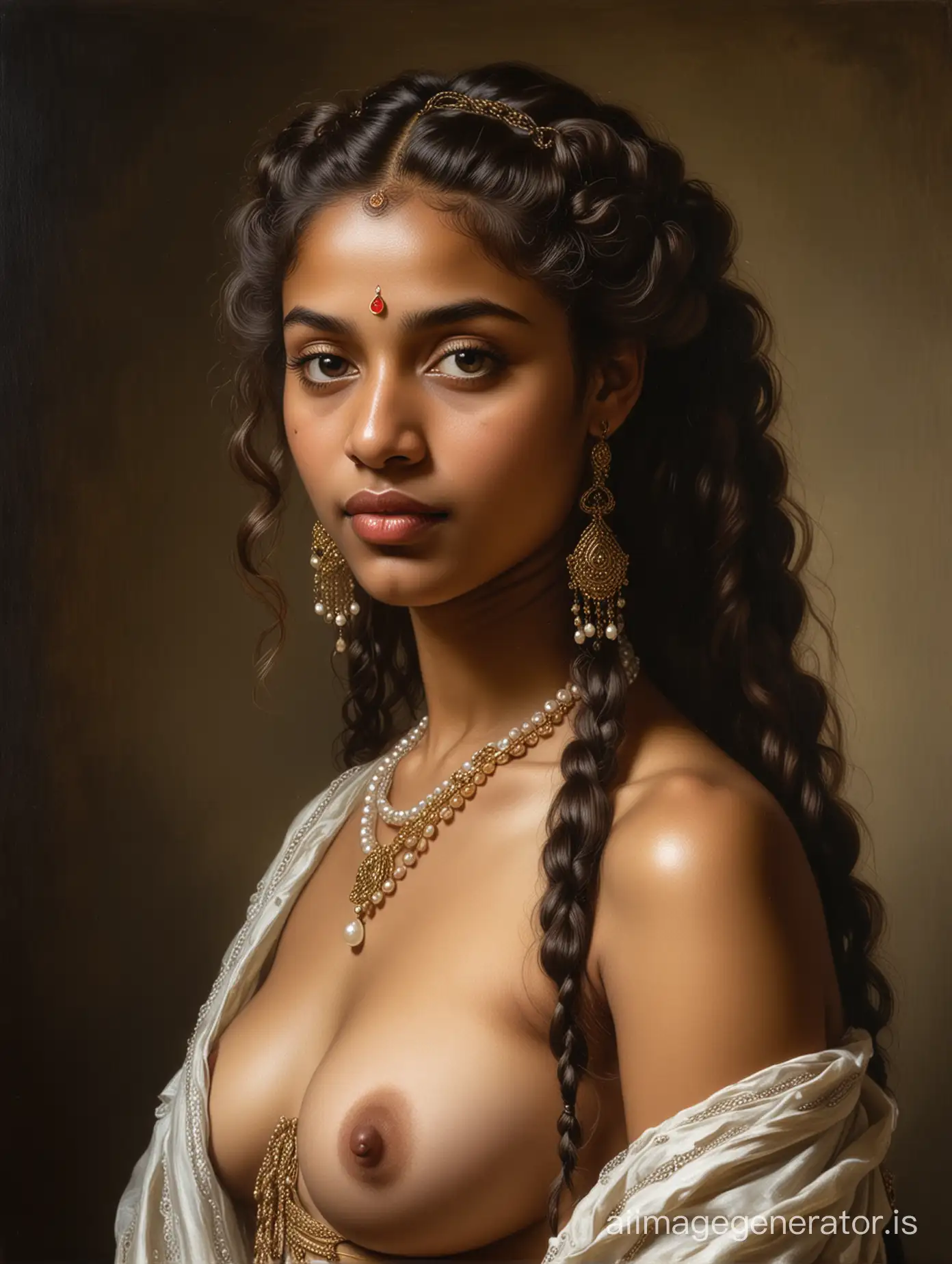 Rembrandt front view oil painting of an extraordinarily beautiful nude Tamil princess with long flowing braided hair wearing pearls