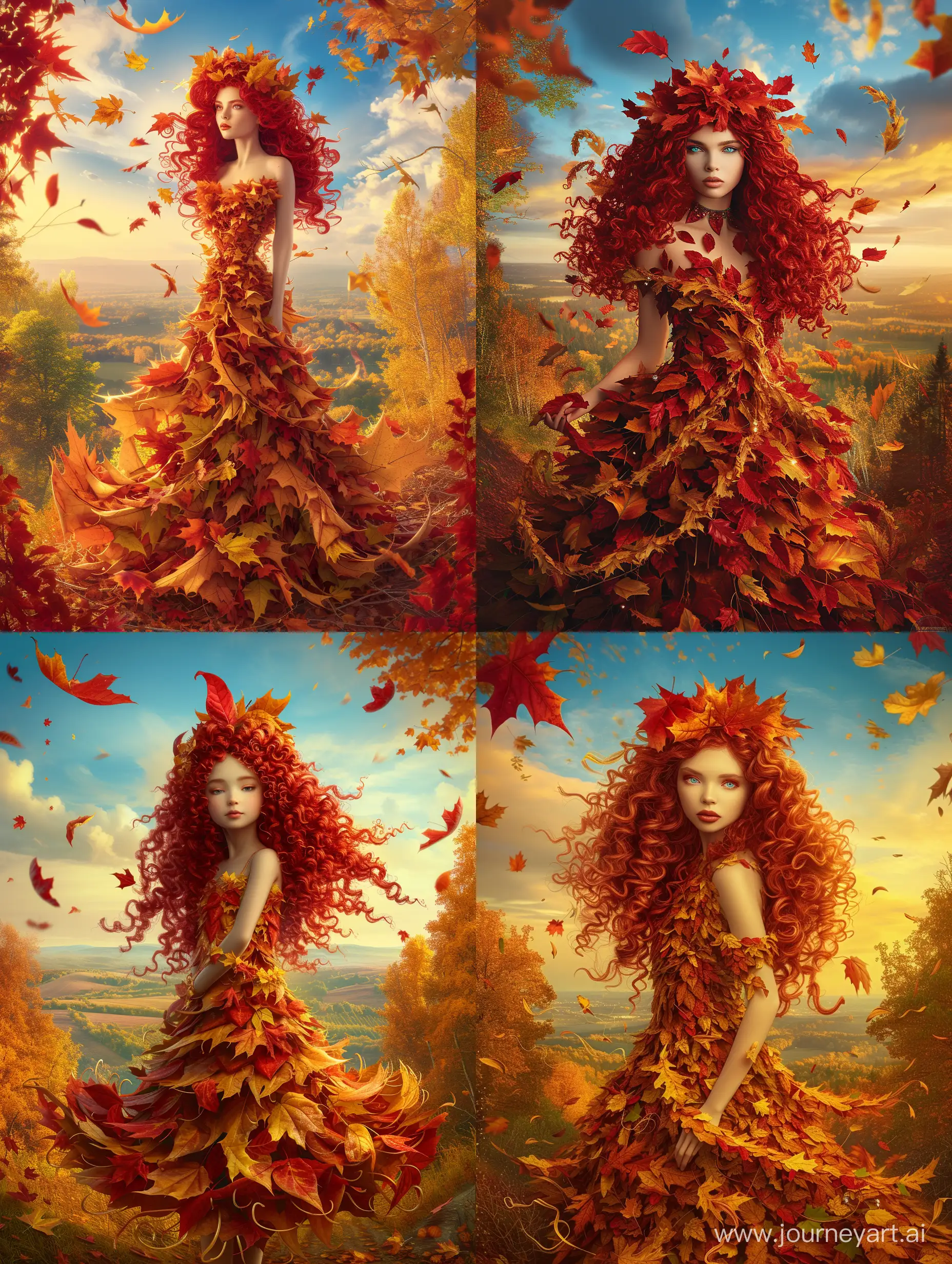 Autumn-Queen-with-Red-Curly-Hair-and-Leaf-Dress-in-Forest-Landscape