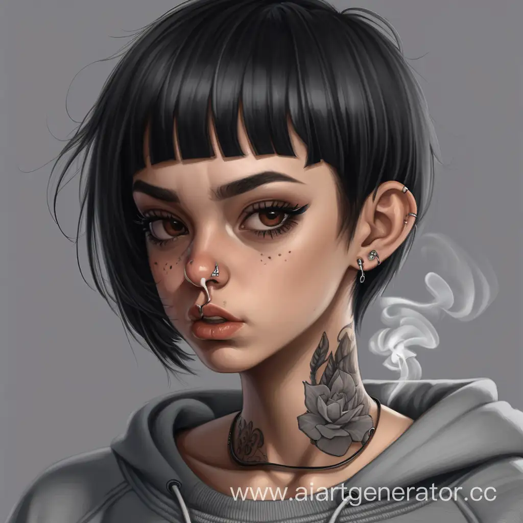 Confident-Tattooed-Woman-in-Gray-Sweatshirt-Smoking-a-Cigarette