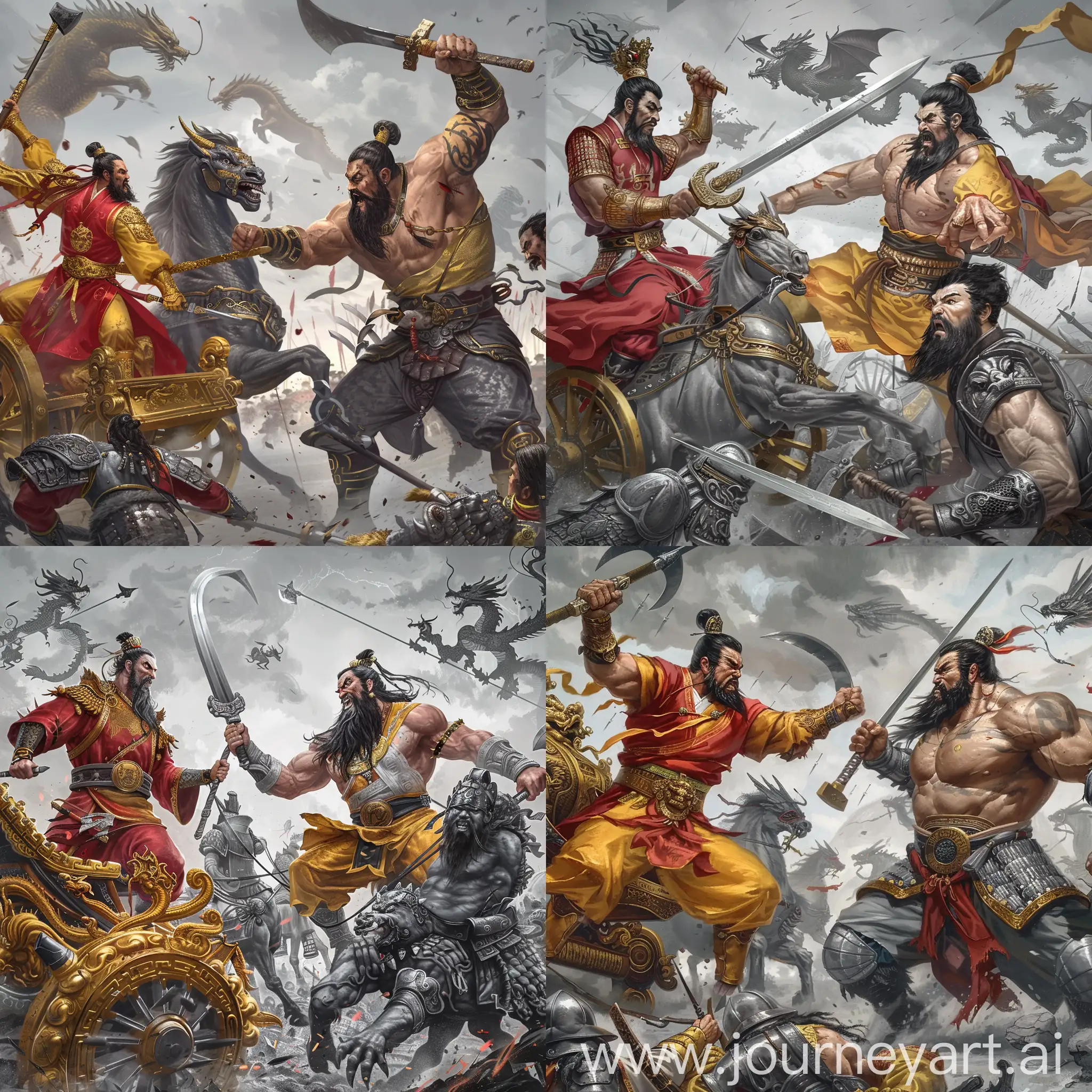 at the left side, two Chinese emperors Qin shi huang, the left one in red clothes and the right one in yellow clothes,

each of them holds a chinese sword in their hand, ready to fight,

they are both on a Chinese golden war chariot with gray armored horses,

at the right side, a Chinese muscular strong tribe chef, he is with black beard and in gray armors, he holds an big axe and a big mace to fight against the two emperors,

battlefield as background, dragons in gray sky,