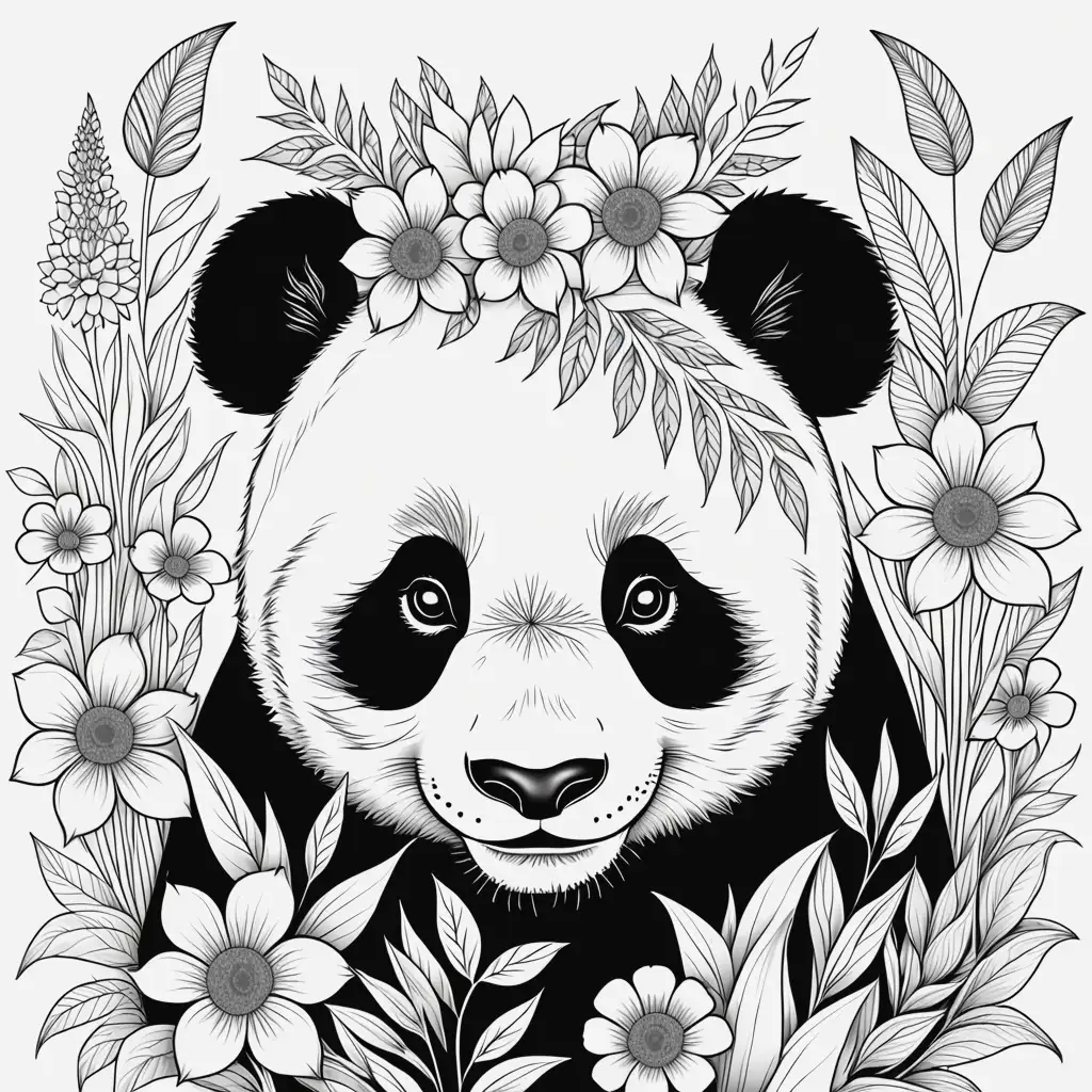 Coloring page A panda head between very beautiful flowers