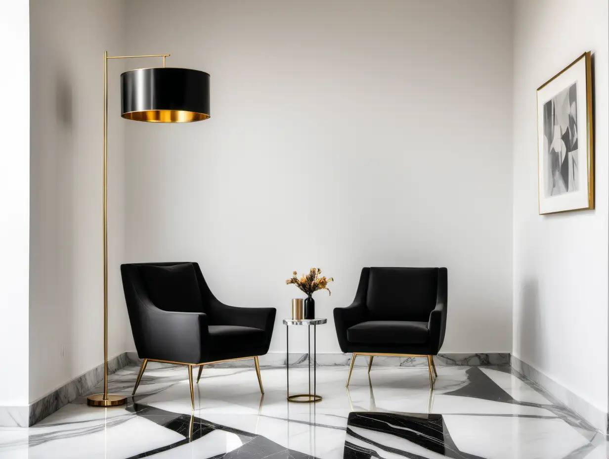 Commercial Photography, mordenist style livingroom interior with white wall, black chair, golden floor lamp and marble floor