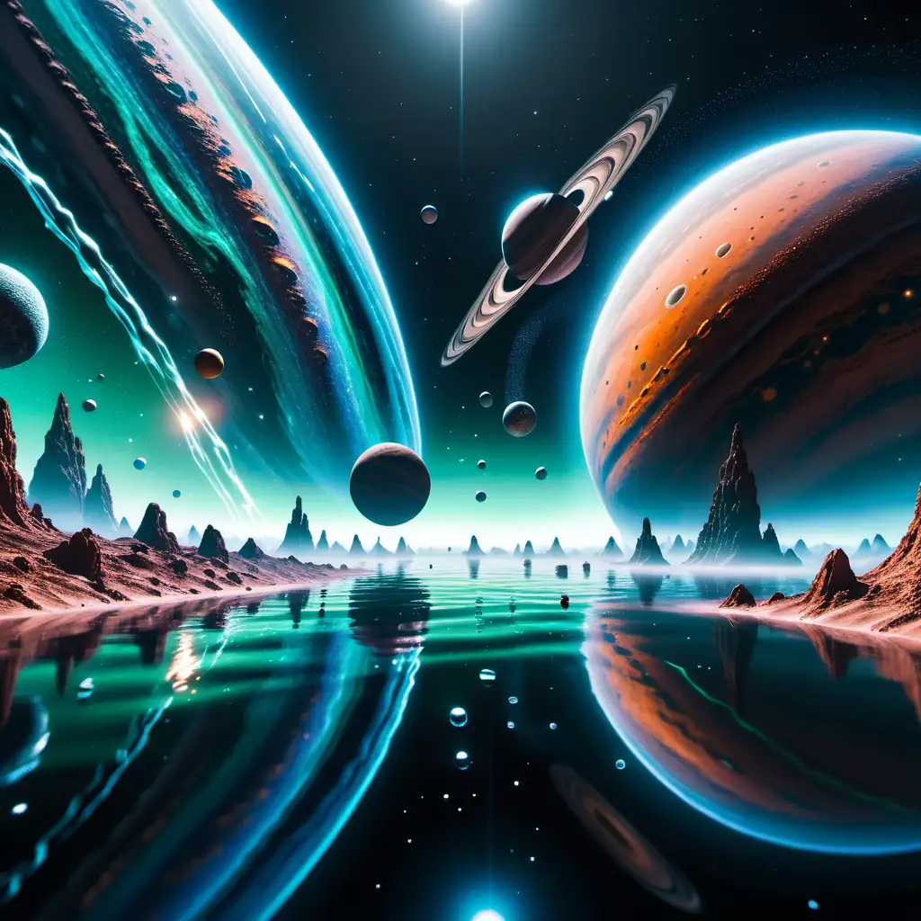 create an image that depicts outerspace with different planets with water with cyber effects