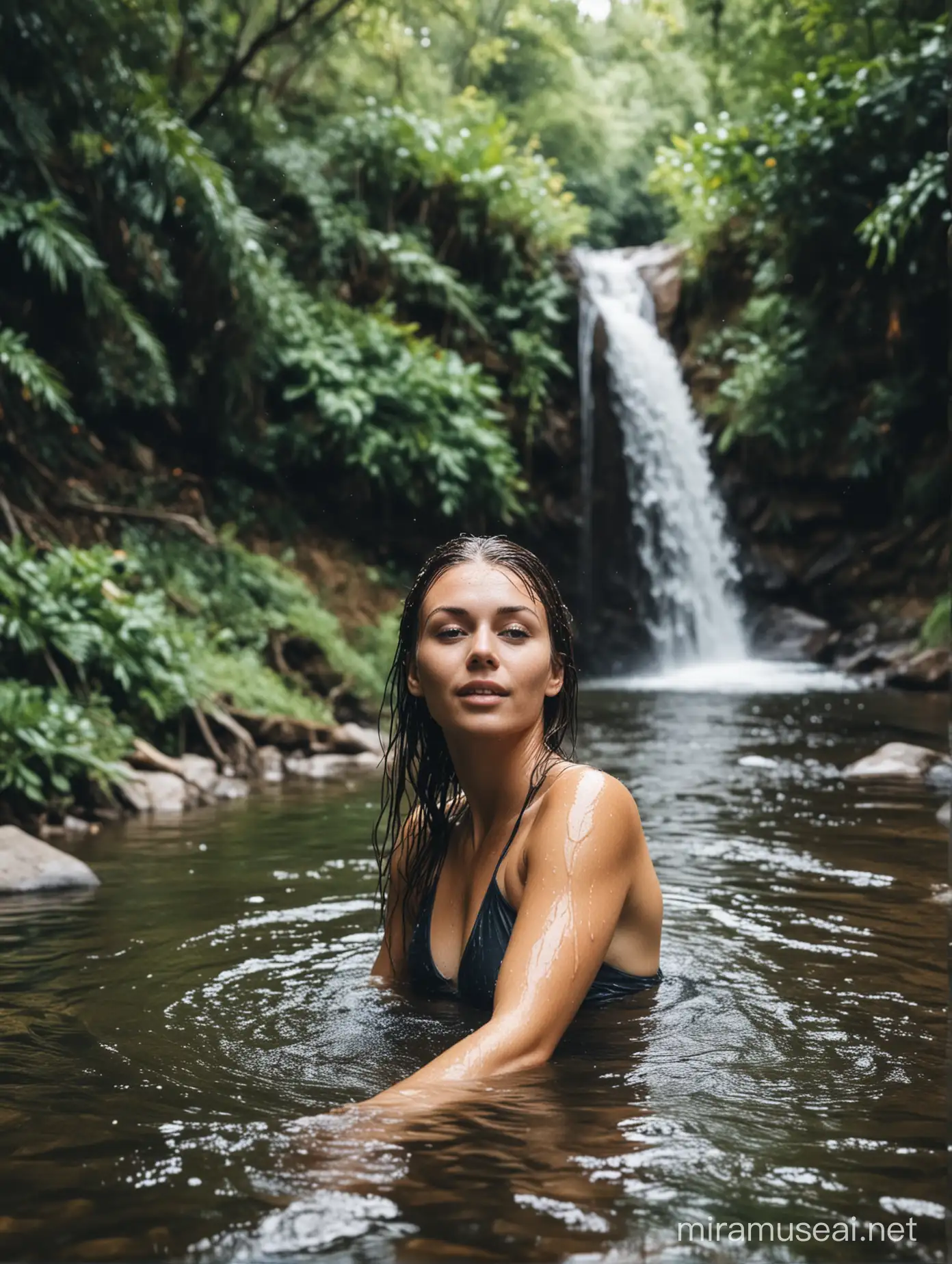 Image of a woman with wet hair, swimming, a creek, waterfall.