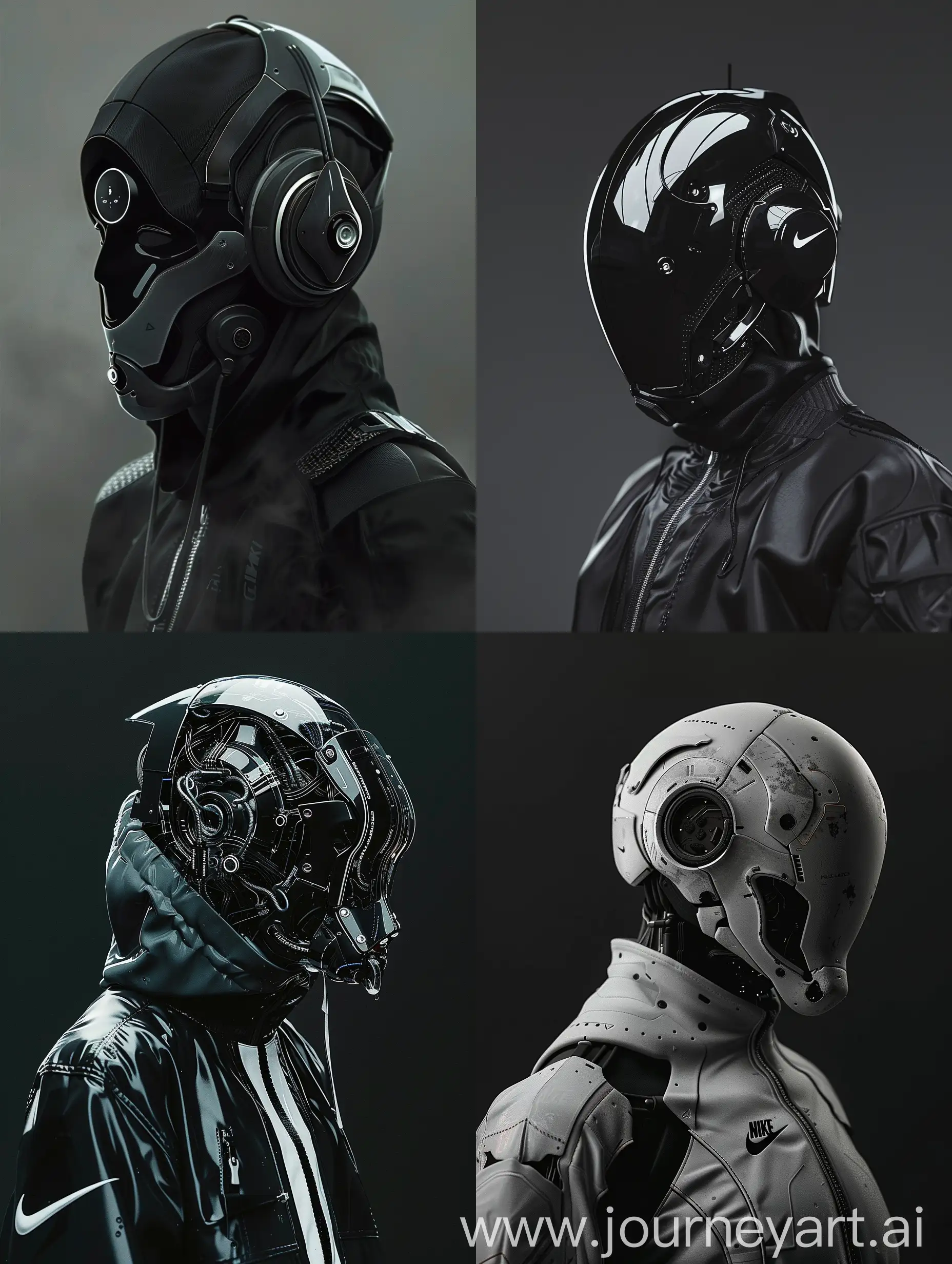 "Embark on a journey through cybernetic fashion, where our characters don cutting-edge cyberpunk masks seamlessly blending human and machine. Against a backdrop of sleek darkness, these mesmerizing masks exude the essence of futuristic technology, boasting intricate details reminiscent of advanced machinery. This perfect fusion of man and machine symbolizes the delicate equilibrium between humanity and technology, presenting a vision of cybernetic elegance like never before. Enhanced with sleek Nike-inspired add-ons, our characters embody the epitome of cyberpunk allure, captivating your senses with their irresistible presence."