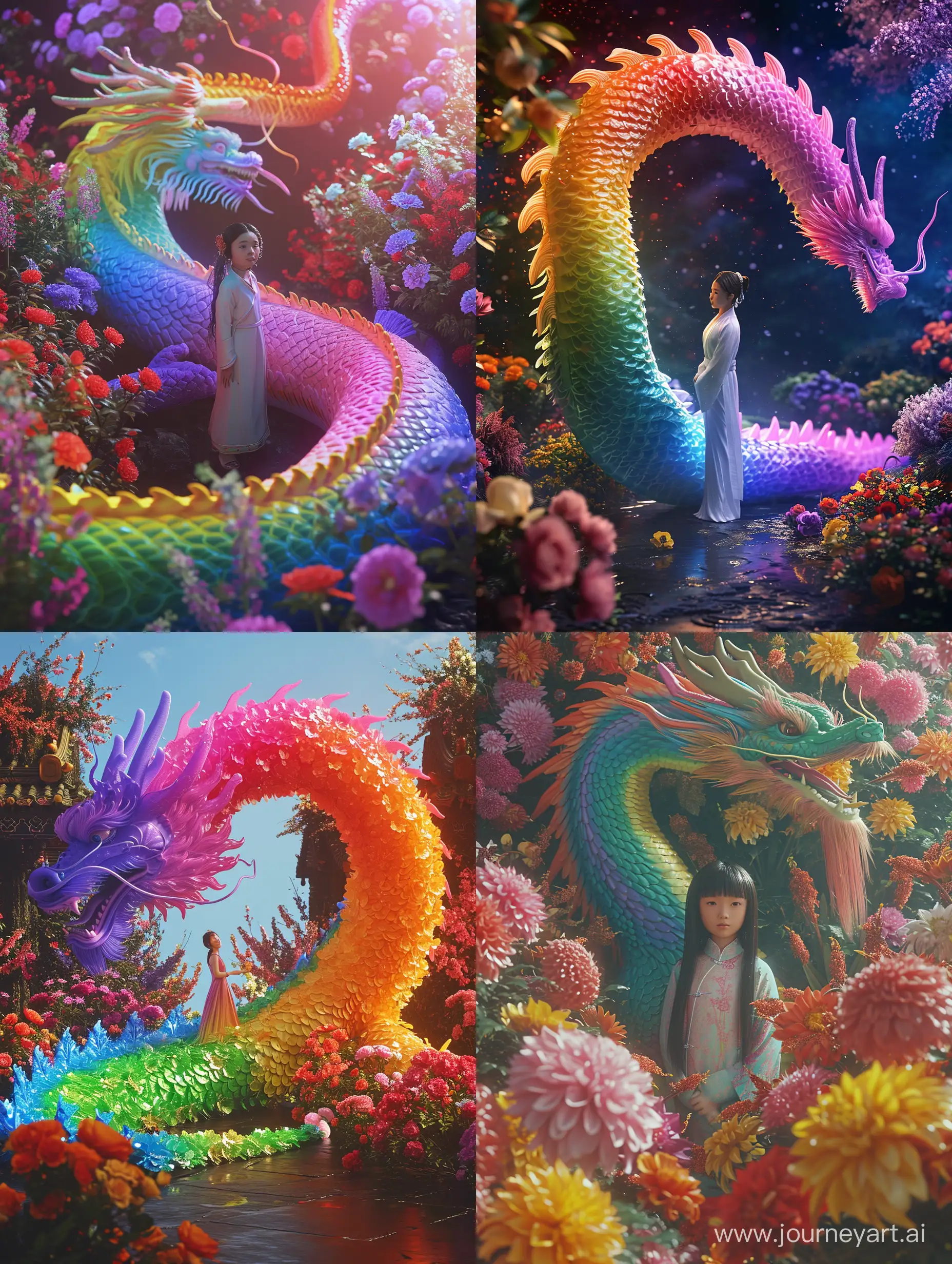 long shot,In front of rainbow dragon stands a Chinese girl,16 years old,Flowers surrounded her,grand scene, minimalism, Chinese dragon, C4D rendering, Surrealism, master works, movie lighting, Ultra HD, fine detail, color rating, 32K HD --ar 3:4 --v 6.0