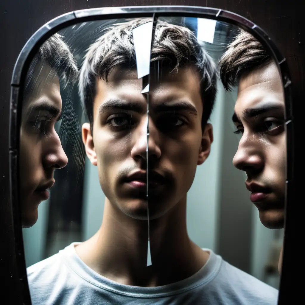 abstract of a young man with short hair looking into a reflection of themself in a broken and distorted mirror cage
