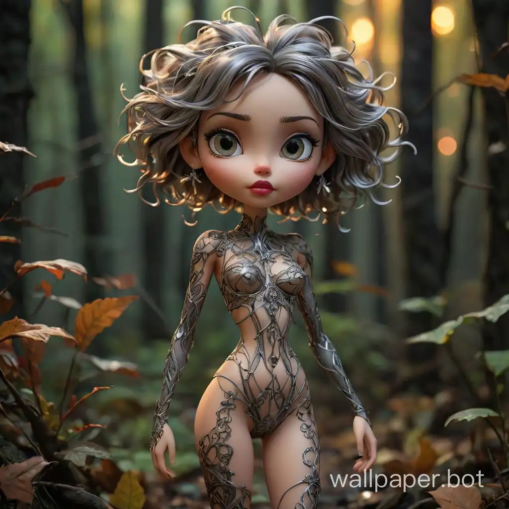 Standing netzke doll, doll is made from silver wires, autumn forest in fire,  knees-height portrait, slender pretty girl, big bright eyes,  hair up, big lips, embossed plant ornamentation tattoos, inner lighting glowing from within, dark background, naked, 85 mm camera, sensual lips, symmetry, sexy,  smoothing tones, clear details, excessive detail, soft cinematic light, dim colors, exposure mixing, HDR, faded, slate gray atmosphere
